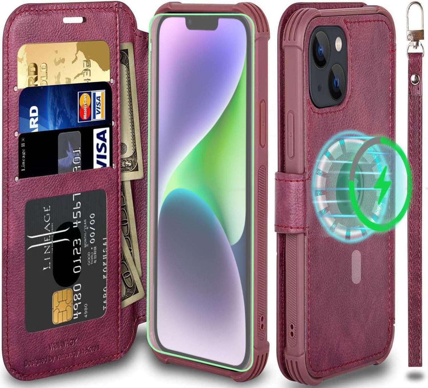 VANAVAGY Iphone 14 plus Wallet Case Magsafe,Leather Flip Folio Phone Cover Supports Magsafe and Wireless Charging with RFID Block Card Holder and Wrist Strap,Clove Purple  VANAVAGY Burgundy（Not for iPhone 14 ）  