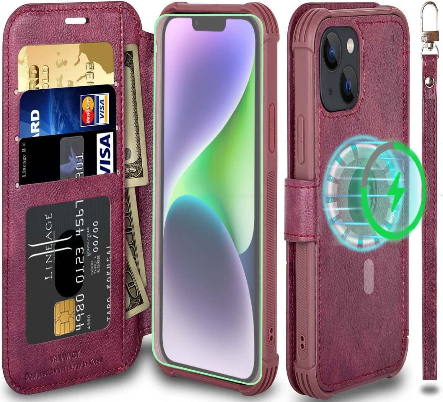 VANAVAGY Iphone 14 plus Wallet Case Magsafe,Leather Flip Folio Phone Cover Supports Magsafe and Wireless Charging with RFID Block Card Holder and Wrist Strap,Clove Purple  VANAVAGY Burgundy（Not for iPhone 14 ）  