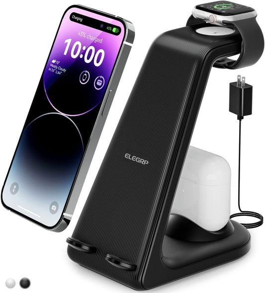ELEGRP Wireless Charging Station, 3 in 1 Wireless Charger, Charging Dock for Iphone 14/13/12/11/Pro/Max and SE/8 Samsung Phone, Apple Watch and Airpods (With 18W Adapter) Black  ELEGRP   