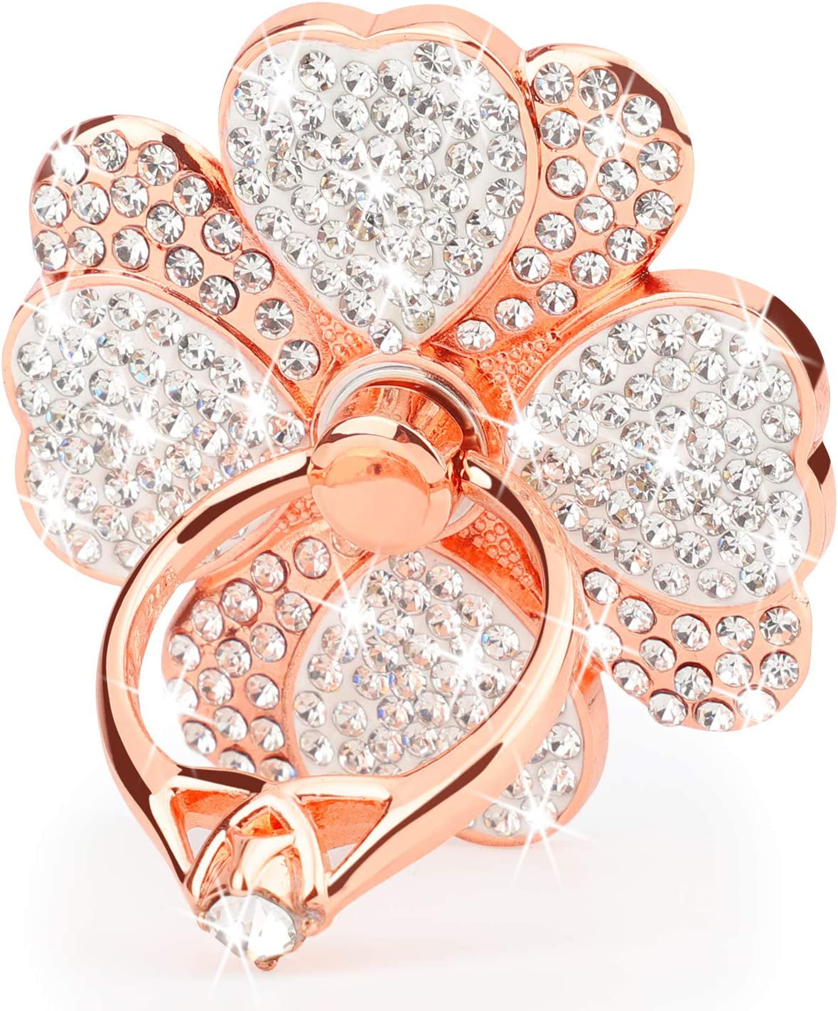 Cell Phone Finger Ring Stand with Sparkly Diamond, Nsiucion Heart Phone Ring Kickstand Holder [Washable] [Removable], 360°Rotation Zinc Alloy Ring Grip Stand for All Phones and Tablets (Silver)  Nsiucion Clover-Rose Gold  