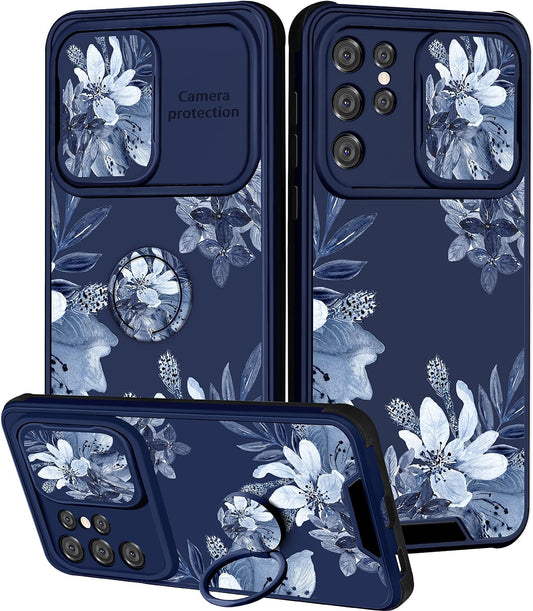 Goocrux for Samsung Galaxy S21 Ultra Case Floral Flowers for Women Girls Cute Girly Phone Cover Blue Flower Plants Design with Slide Camera Cover and Ring Holder Fashion Cases for S21 Ultra 6.8''  Goocrux   