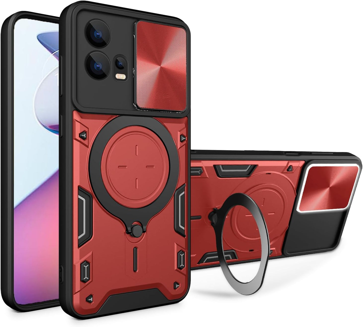 Xbs-Better Hybrid Heavy Duty Bumper Cover with Slide Camera Lens Cover with Built-In 360° Flexible Rotate Holder Magnetic Plate Kickstand Case for Motorola Edge 30 Fusion/S30 Pro-Red  XBS-Better   