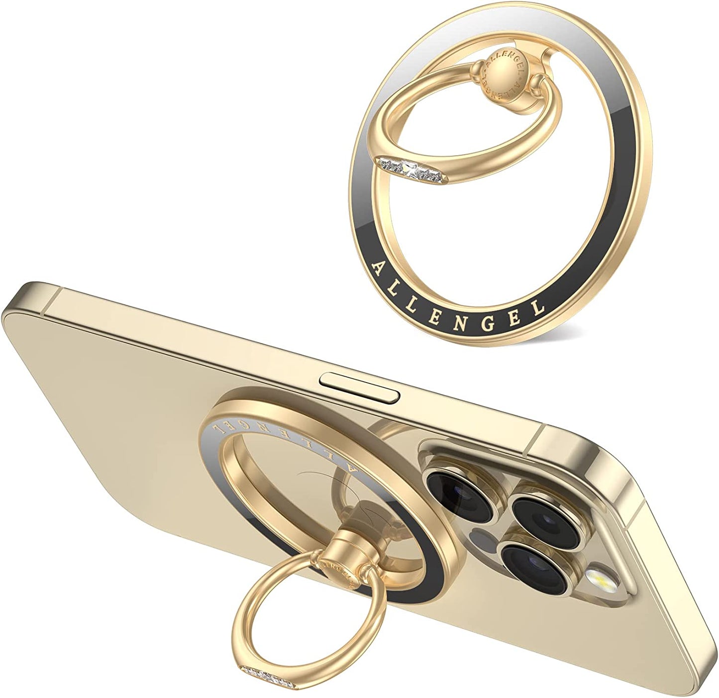 Compatible with Magsafe Phone Grip Stand, Allengel Magnetic Phone Ring Holder with Finger Kickstand for Smartphone, Luxury Gold White  Allengel Gold and black ceramic  