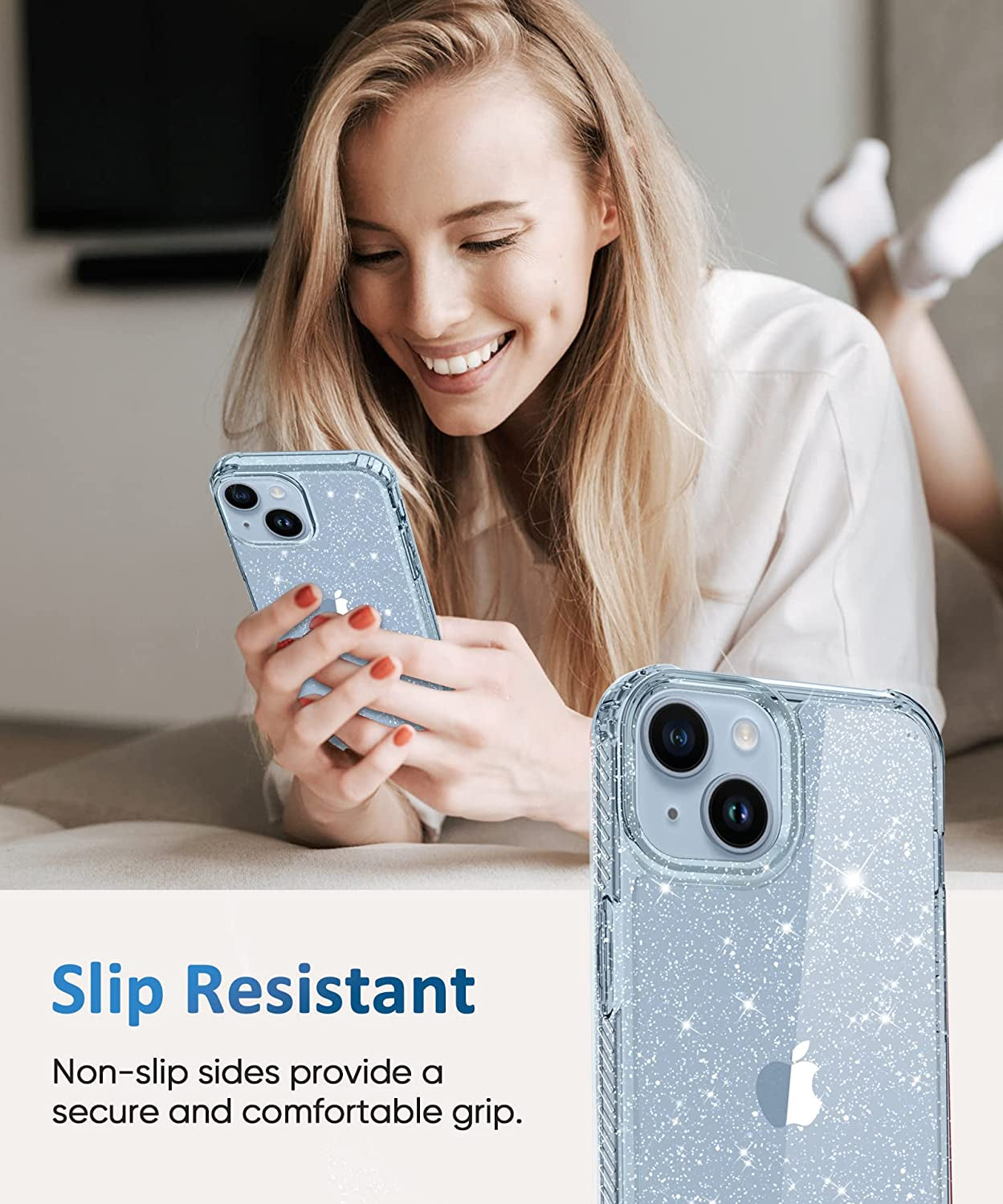 MIODIK Compatible with Iphone 14 Case with Screen Protector + Camera Lens Protector, Non Yellowing Clear Glitter Protective Phone Case, Women Girls Cover for Iphone 14 6.1 Inch 2022 - Sparkle Blue  MIODIK   