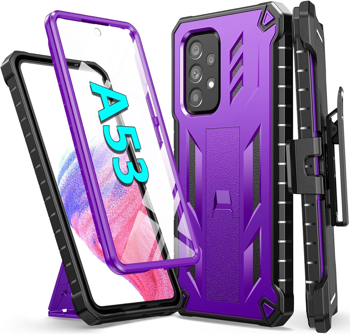 Soios for Samsung Galaxy A53 5G Case: with Built-In Screen Protector & Kickstand | Full-Body Dual Layer Rugged Belt-Clip Holster | Heavy Duty Shockproof Protective Phone Cover - 6.5Inch - Black  SOiOS Purple  