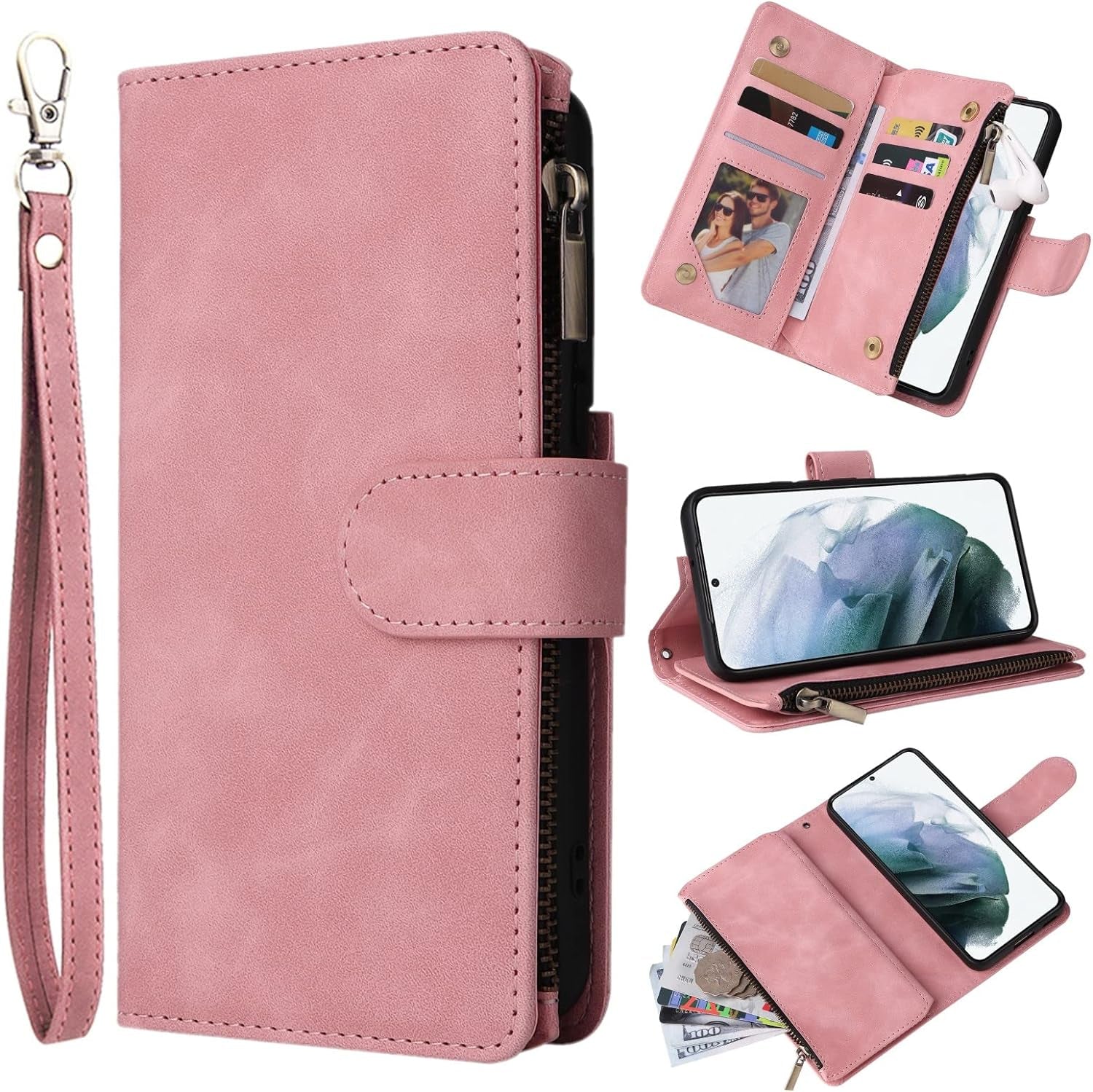 ZZXX Samsung Galaxy S22 Case Wallet with Card Slot Premium Soft PU Leather Zipper Flip Folio Wallet with Wrist Strap Kickstand Protective for Galaxy S22 Wallet Case(Coffee-6.1 Inch)  ZZXX Pink Samsung Galaxy S22 5G 