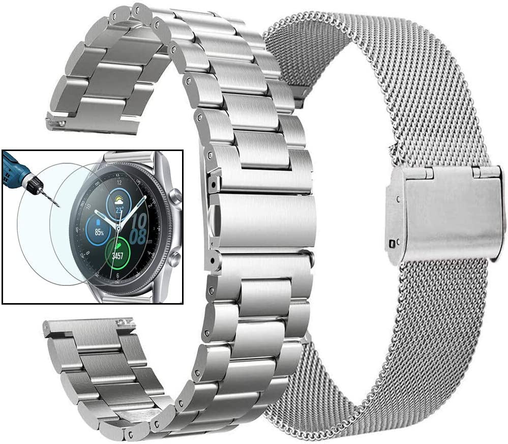 Valkit Compatible Samsung Galaxy Watch 42Mm/Galaxy Watch 5/4 40Mm 44Mm/Galaxy Watch Pro 5 45Mm/Galaxy Watch 3 41Mm Band, 2 Pack 20Mm Stainless Steel Wristbands Men Women for Galaxy Watch Active  VKT 2 Pack Sliver 41mm/42mm 