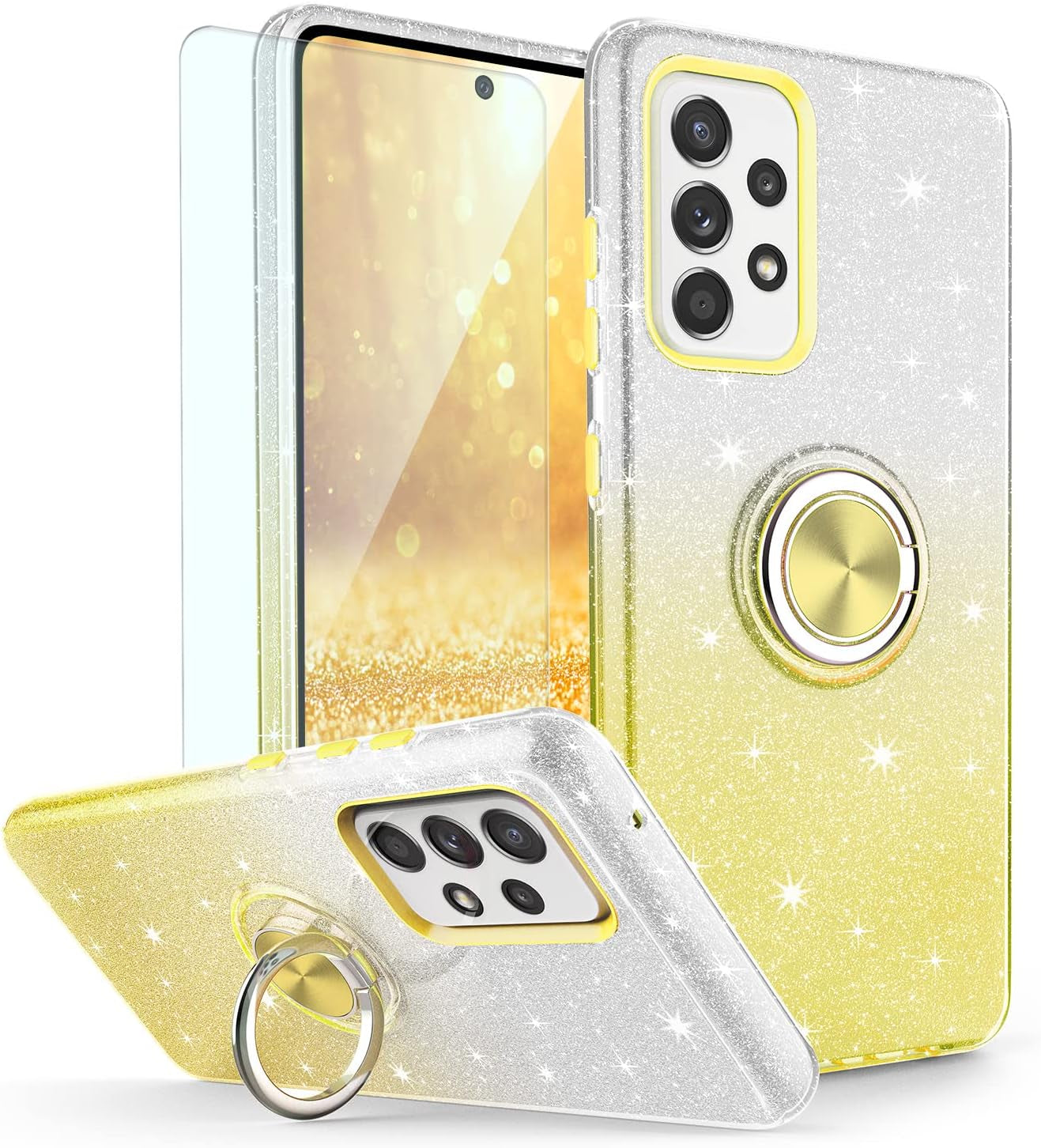 TJS Compatible with Samsung Galaxy A53 5G Case, with Tempered Glass Screen Protector, Metal Ring Magnetic Support Kickstand Tone Shinny Glitter Girls Women Protector Phone Case (Purple)  TJS Yellow  