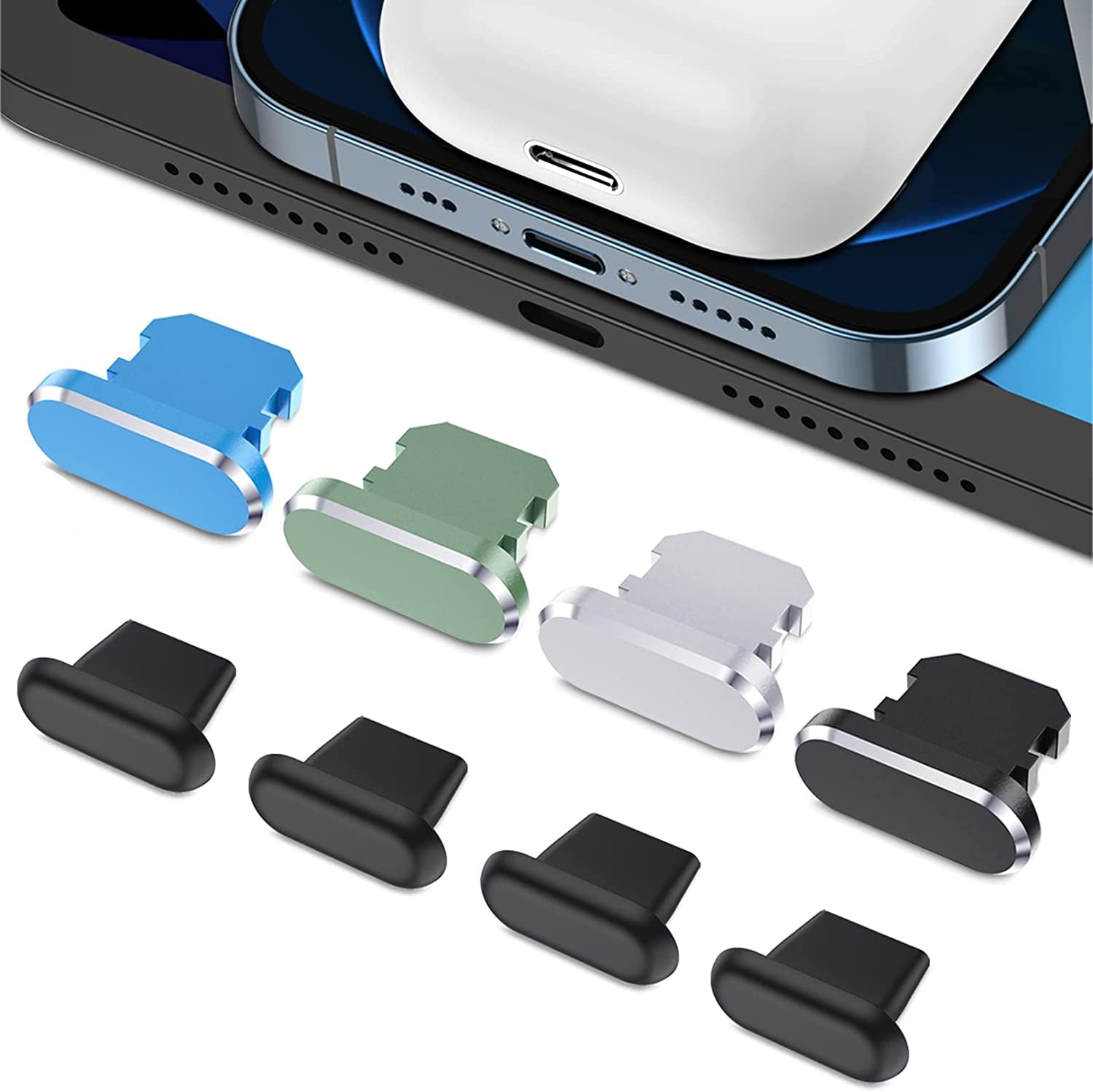 8 Pack anti Dust Plugs for Iphone 14 Pro Max Mini 13 12 11 X Xs 8 plus Ipad Airpods + Mini Storage Box Iphone Charging Port Plugs, Black  AUZOSL Blue, Green, Sliver, Black…  