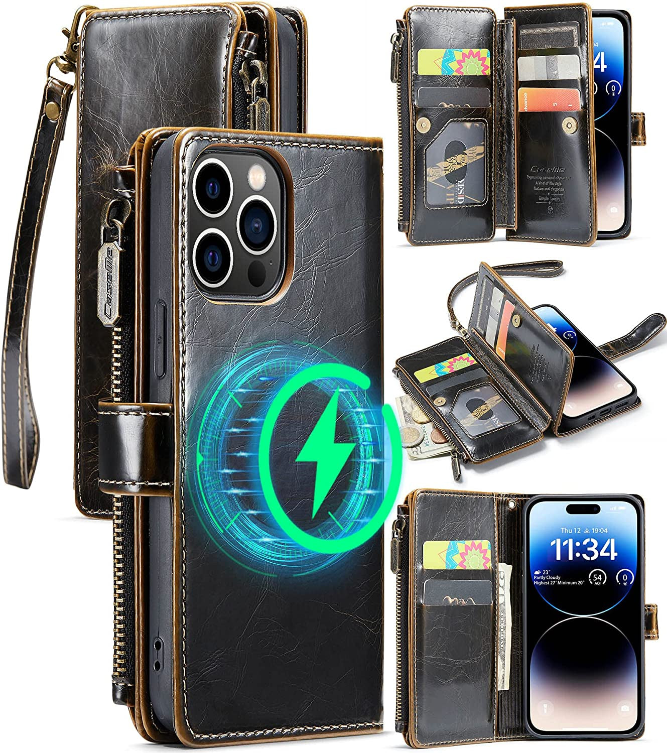 FLIPALM Wallet Case for Iphone 14 Pro(6.1") Flip Case,Compatible with Magsafe Charger,Pu Leather Zipper Protective Lanyard Strap Wristlet Case with Magnetic Closure and Card Holder Luxury Coffee  FLIPALM   