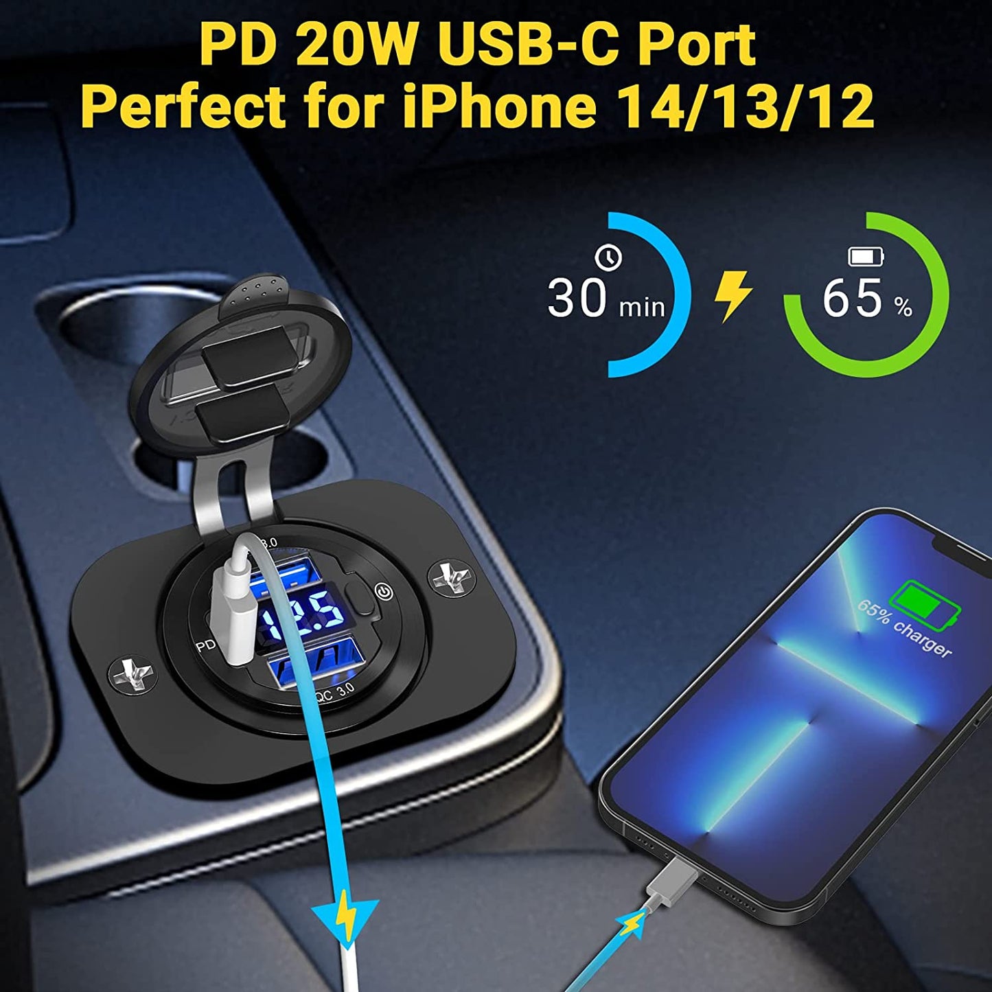 12V USB Car Charger Socket 2 Pack: Upgraded Aluminum Metal 56W 12 Volt USB Outlet PD3.0 20W USB C and Dual QC3.0 18W Multi Car USB Port with LED Voltmeter On/Off Switch for Boat Marine RV Motorcycle  Shenzhen GSG Technology Co.Ltd   