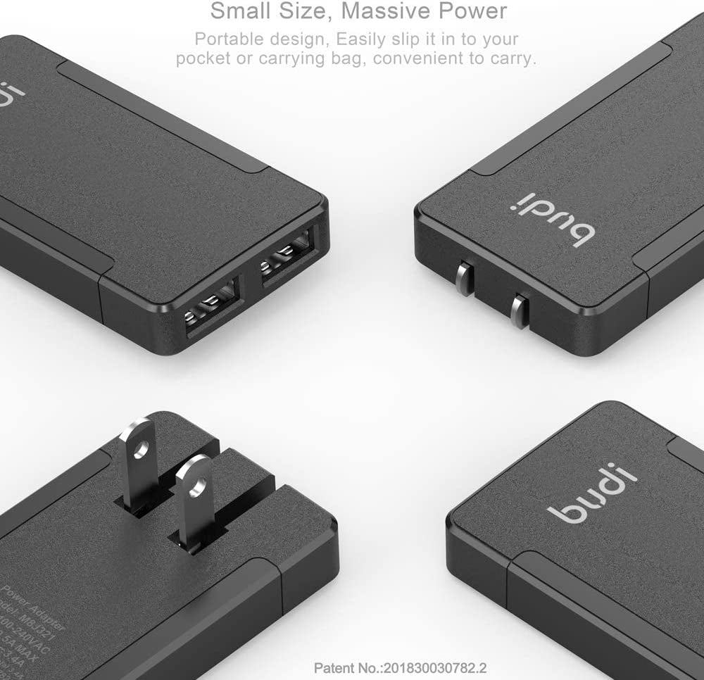 BUDI 17W Extra Slim Portable Wall Charger 2-Port USB-A Charger 3.15 X 1.57 X 0.4 Inches (Black USB-A)  BUDI   