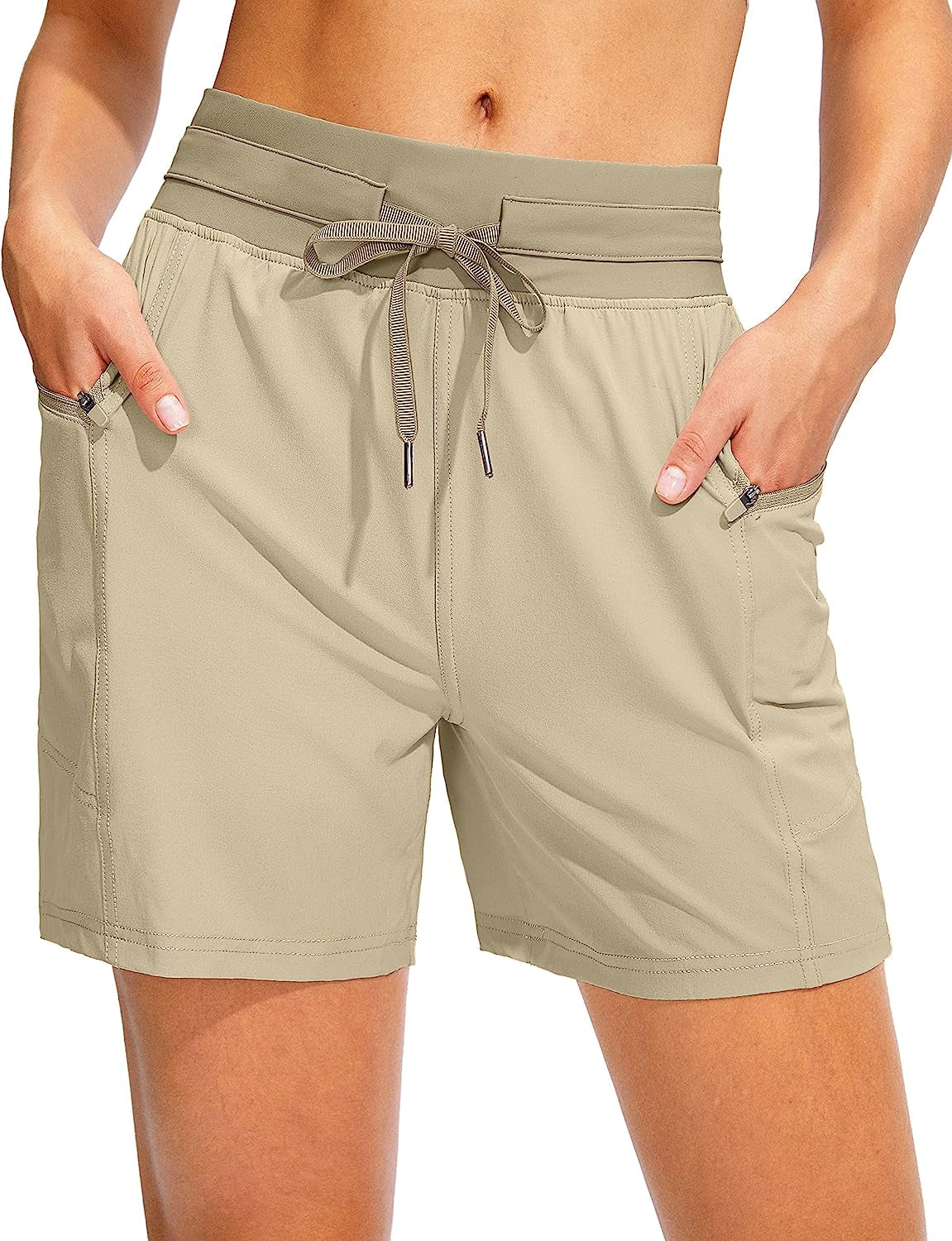 Svensker Women'S Athletic Shorts with Pockets High Waisted 5 Inch Quick Dry Gym Exercise Workout Running Shorts for Women  Svensker Khaki Small 