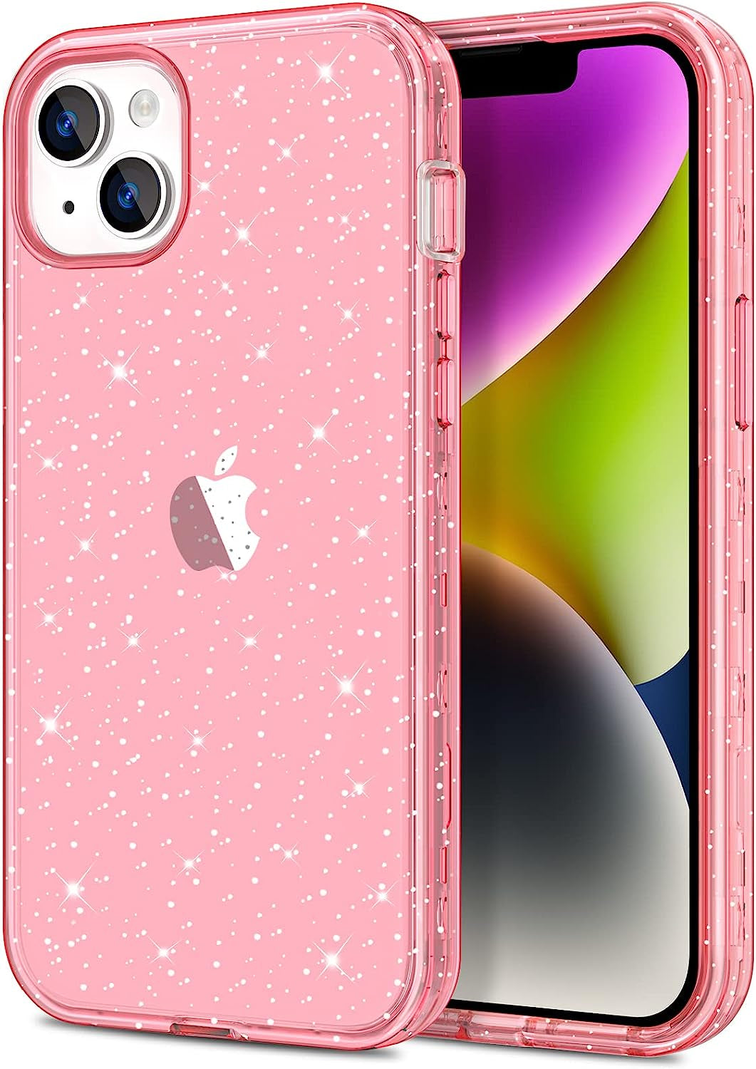 Hython for Iphone 14 plus Case, Heavy Duty Full-Body Defender Protective Phone Cases Glitter Bling Sparkle Hard Shell Hybrid Shockproof/Drop Proof 3-Layer Military Rubber Bumper Cover for Women Girls  Hython Clear/Pink  