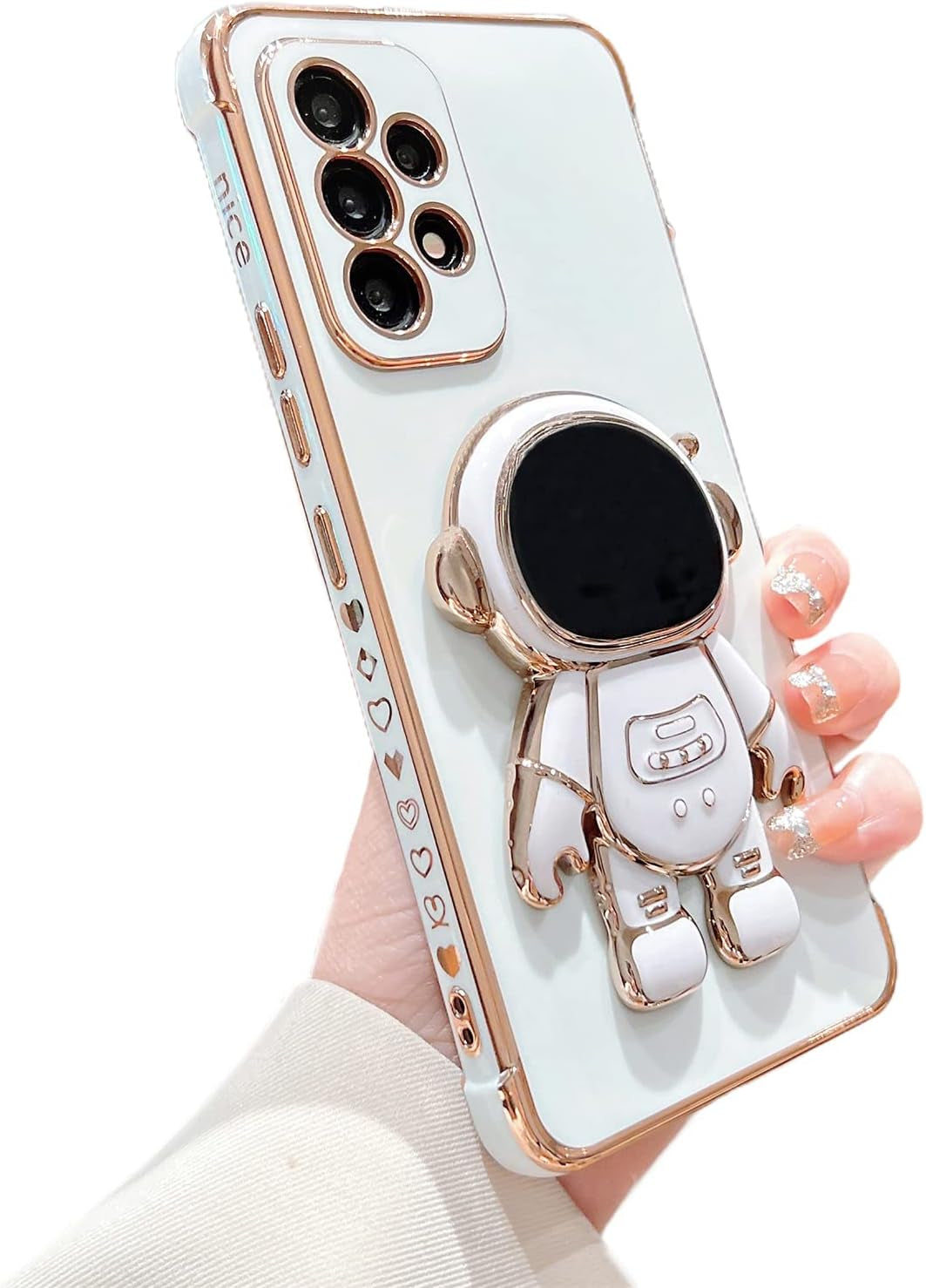 Phylla Samsung Galaxy A53 5G 6.5" Phone Case Luxury Plating Astronaut Stand Holder Case with Camera Protection Cute Love Heart Side Small Pattern Soft Silicone Shockproof Kickstand Bumper (Purple)  phylla White  