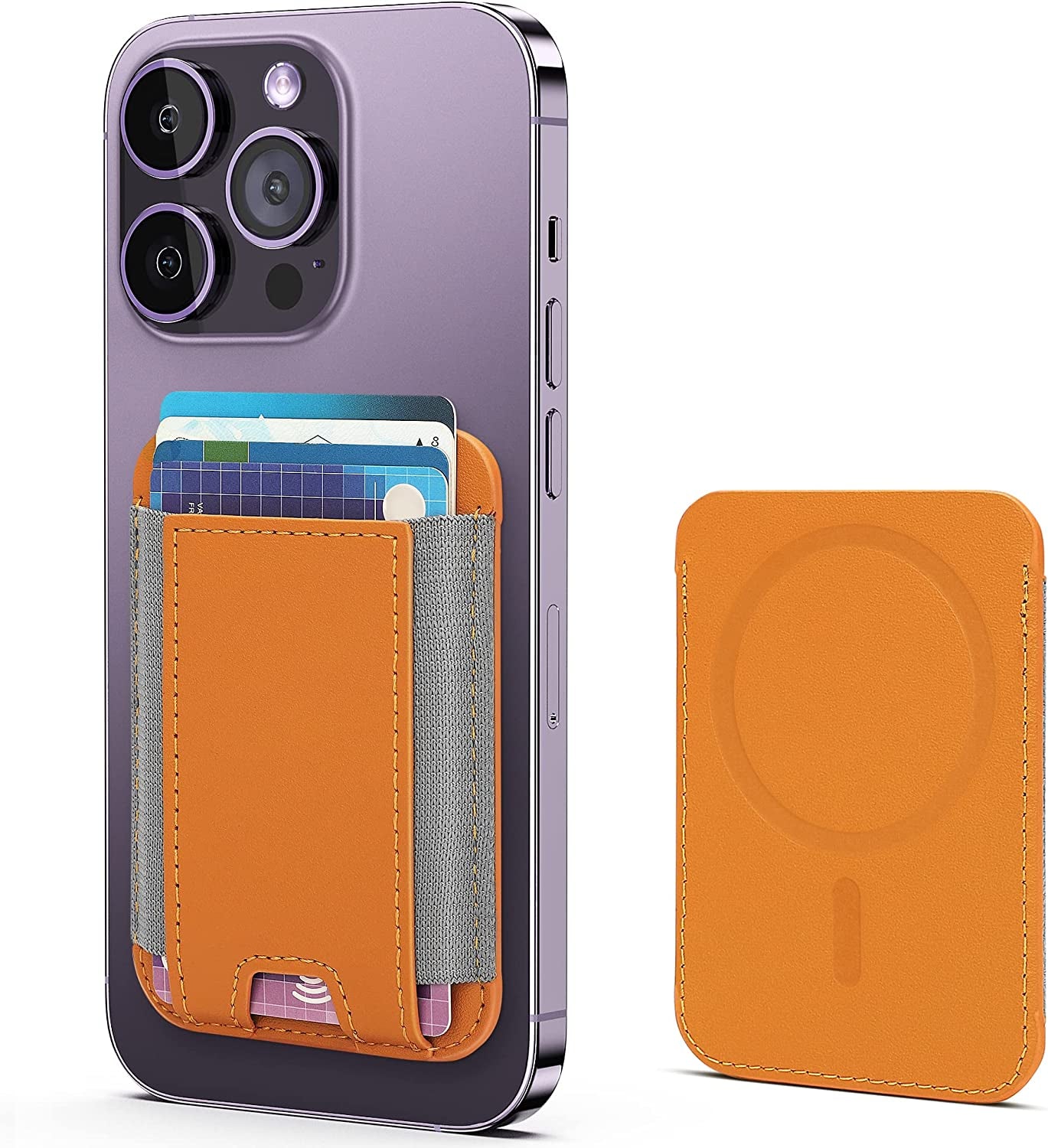 GANSBOL Magnetic Phone Wallet with Magsafe, Magnetic Magsafe Leather Wallet for Iphone 12/13/14 Series, Card Wallet Holder for Apple Magsafe, Fit 10 Cards, Deep Purple  GANSBOL Orange  