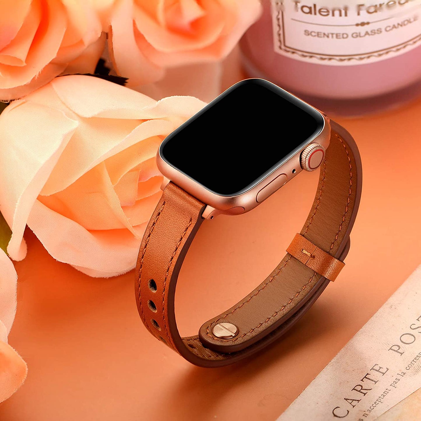 OUHENG Slim Band Compatible with Apple Watch Band 41Mm 40Mm 38Mm, Women Genuine Leather Band Replacement Thin Strap for Iwatch SE SE2 Series 8 7 6 5 4 3 2 1 (Brown/Rose Gold, 41Mm 40Mm 38Mm)  OUHENG   