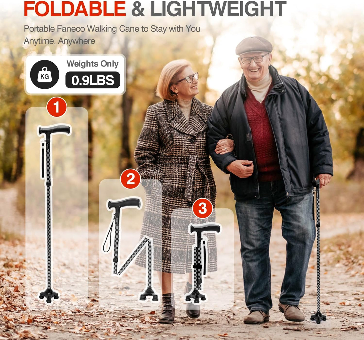 FANECO Walking Cane for Elderly, Folding Walking Stick for Seniors, Pivoting Quad Base, Lightweight Adjustable Walking Stick for Men/Women  NINGBOSHI GUOSHENG XINXI KEJI YOUXIANGONGSI   