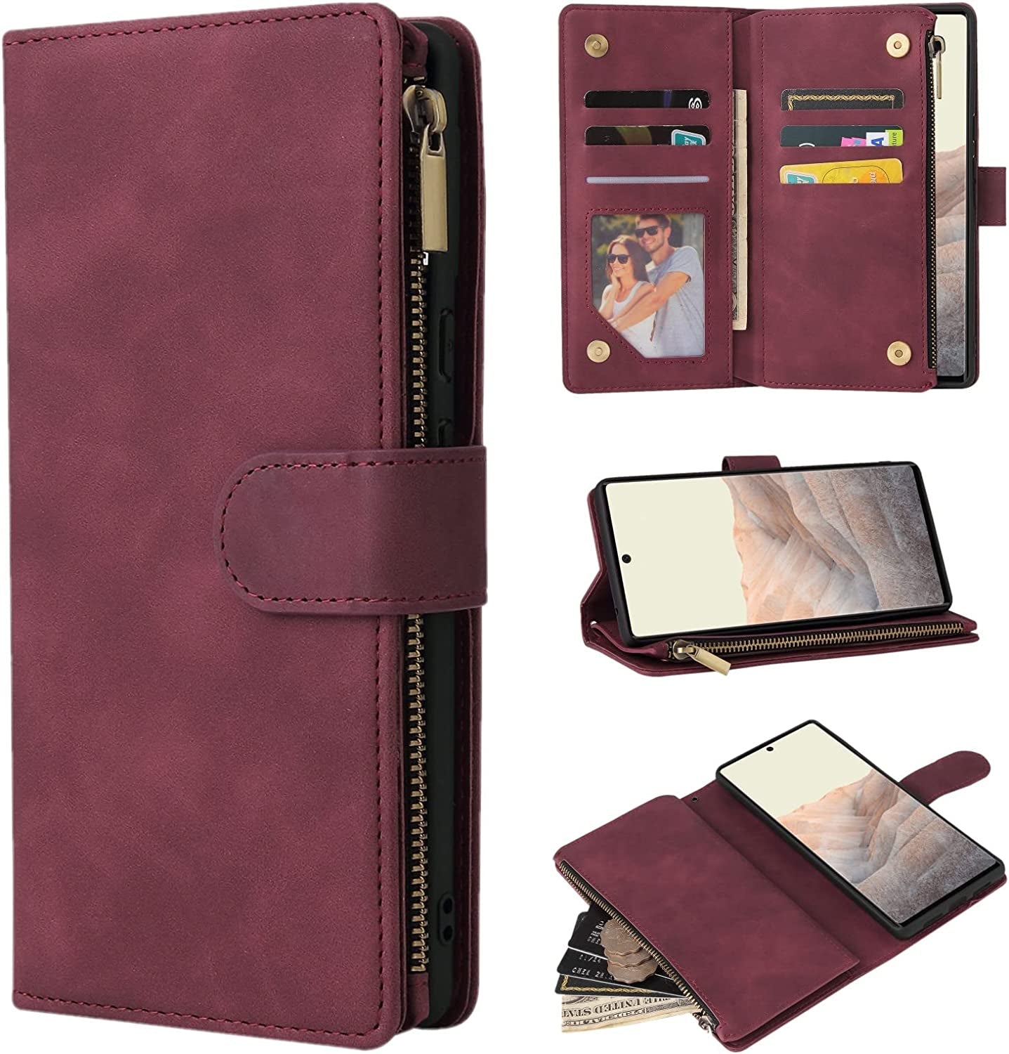 ZZXX Google Pixel 6 Pro Case Wallet with Card Slot Premium Soft PU Leather Zipper Flip Folio Wallet with Wrist Strap Kickstand Protective for Google Pixel 6 Pro Wallet Case(Blue 6.7 Inch)  ZZXX Wine Red Google Pixel 6 Pro 