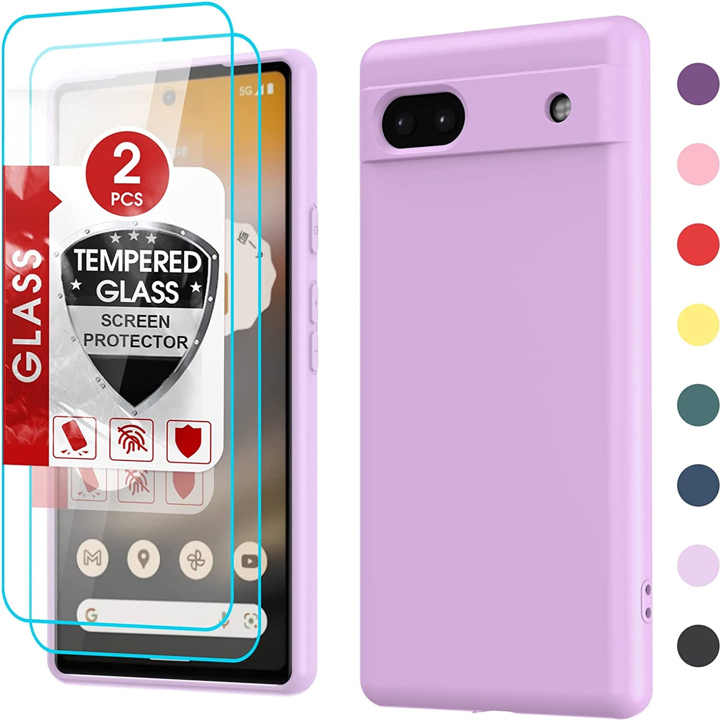 Leyi for Liquid Silicone Google Pixel 6A 5G Case: with 2-Pack Tempered Glass Screen Protectors, Soft Microfiber Liner, Orange  LeYi Purple  