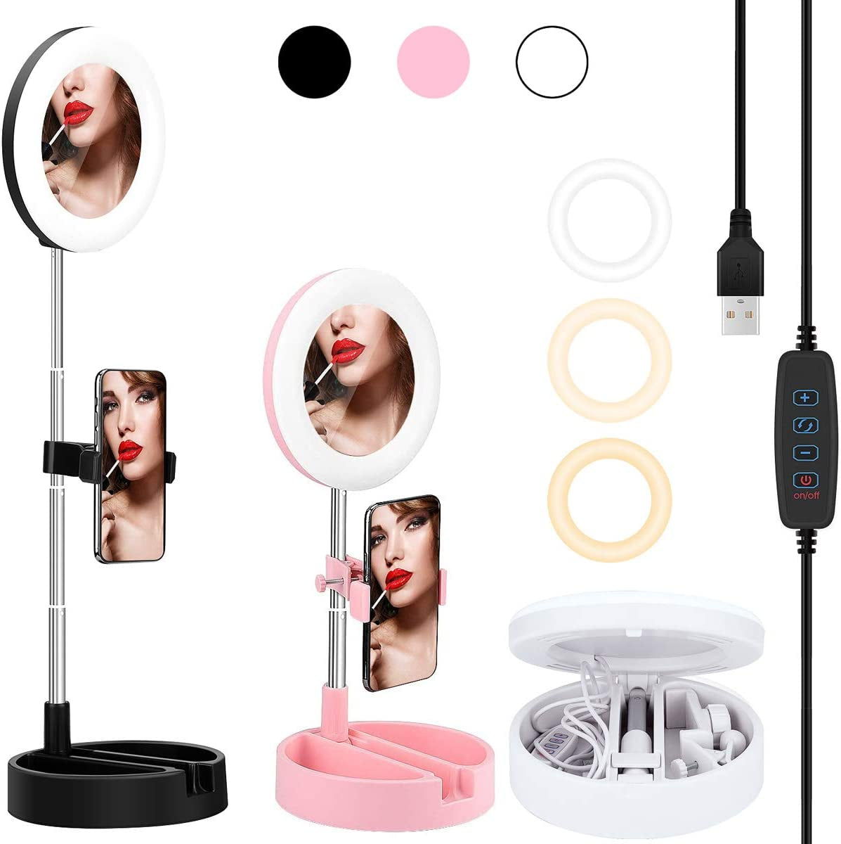 Portable Multi-Functional 6.3" Dimmable LED Selfie Continuous Video Halo Ring Light Zoom Live Stream Phone Holder Stand with Makeup Vanity Mirror Foldable Online Meeting Table Lamp (Pink)  Regal Signature   