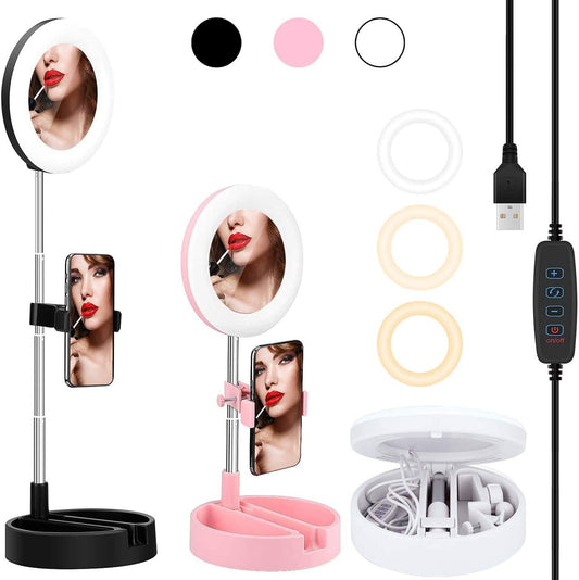Portable Multi-Functional 6.3" Dimmable LED Selfie Continuous Video Halo Ring Light Zoom Live Stream Phone Holder Stand with Makeup Vanity Mirror Foldable Online Meeting Table Lamp (Pink)  Regal Signature   