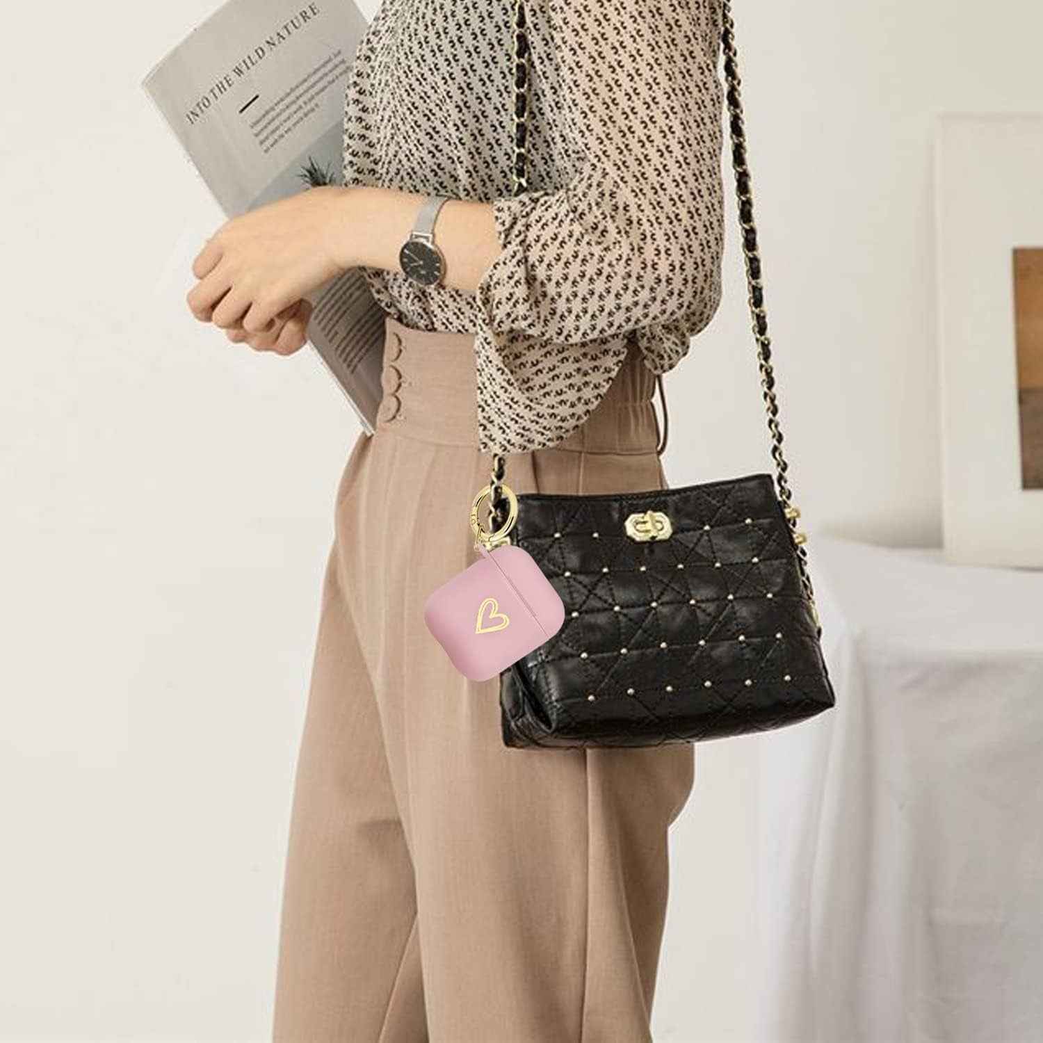 Wonjury Airpods Case Cute Soft TPU Gold Heart Pattern with Keychain Shockproof Cover Case for Girls Woman Apple Airpods 2 &1 - Pink  Wonjury   