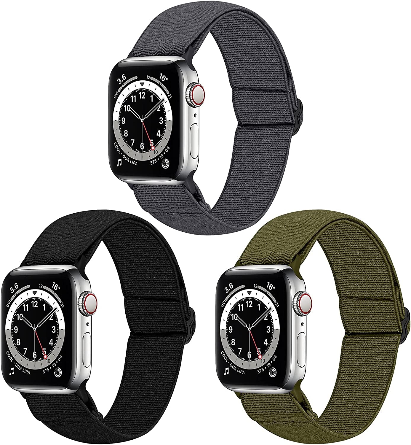 Dsytom 3 Pack Elastic Band Compatible with Apple Watch Bands 38Mm 41Mm 40Mm 42Mm 44Mm 45Mm, Adjustable Stretchy Nylon Bands for Iwatch Series Ultra 8/7/6/5/4/3/2/1 SE Strap for Women  Dsytom Black/Army Green/Grey 42mm/44mm/45mm/49mm 
