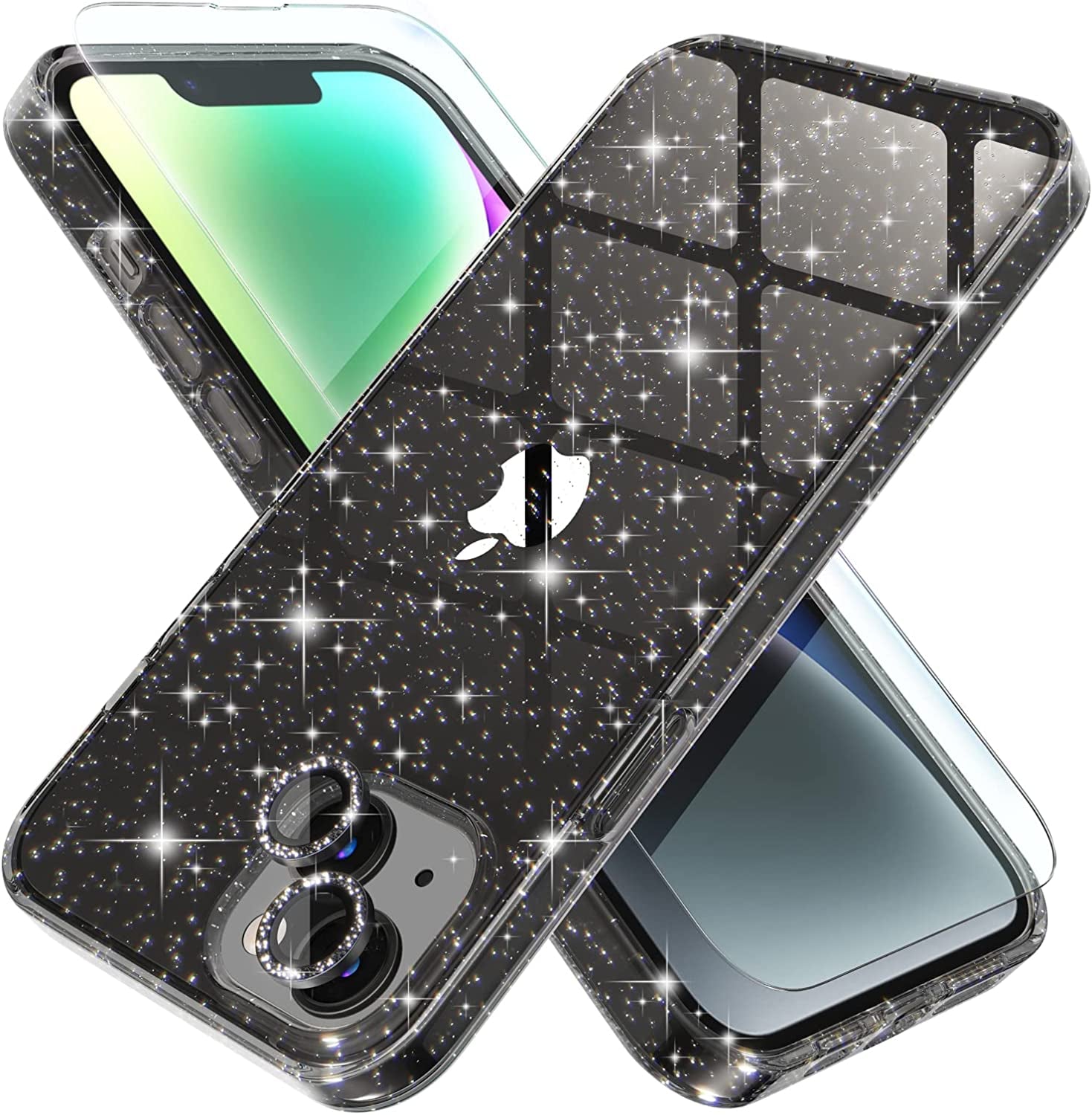 Choiche for Iphone 14 Pro Max Case with 360° Rotatable Ring Stand, Women Luxury Bling Plating Soft Silicone Case, [3 X Camera Lens Protectors] [2 X Tempered Glass Screen Protectors] (Lavender)  Choiche Glitter Black iPhone 14 Plus 