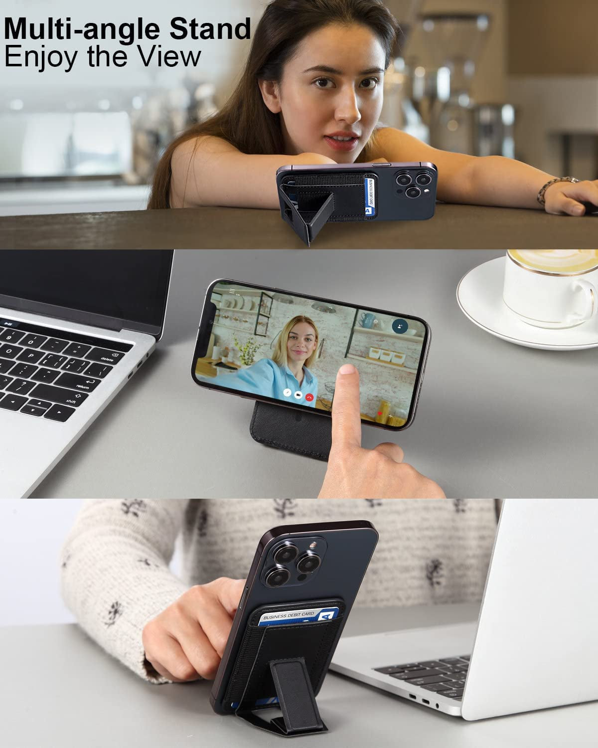 Morojular Magnetic Leather Phone Wallet Stand, Credit Card Holder Wallet with Magsafe for Iphone 14/14 Plus/14 Pro/14 Pro Max and 13/12 Series Magsafe Wallet, Hold up to 7 Cards, Black  Morojular   