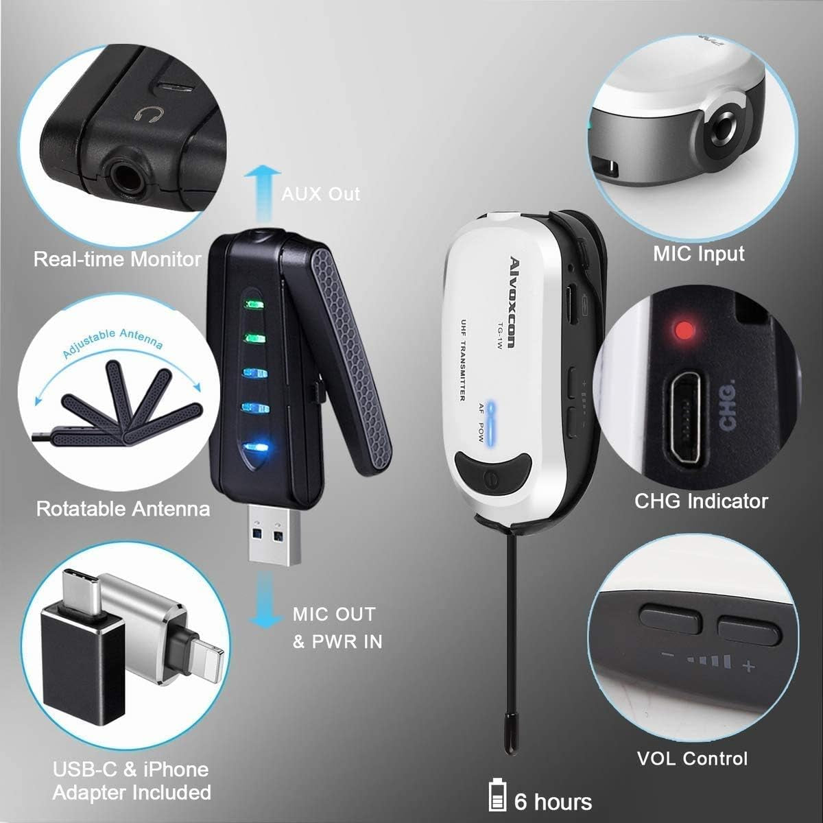 Alvoxcon Wireless Lavalier Microphone Compatible for Iphone & Computer USB Lapel Mic System for Android, PC, Laptop, Speaker, Podcast, Vlog, Youtube, Conference, Vocal Recording with Phone Adapter  Alvoxcon   