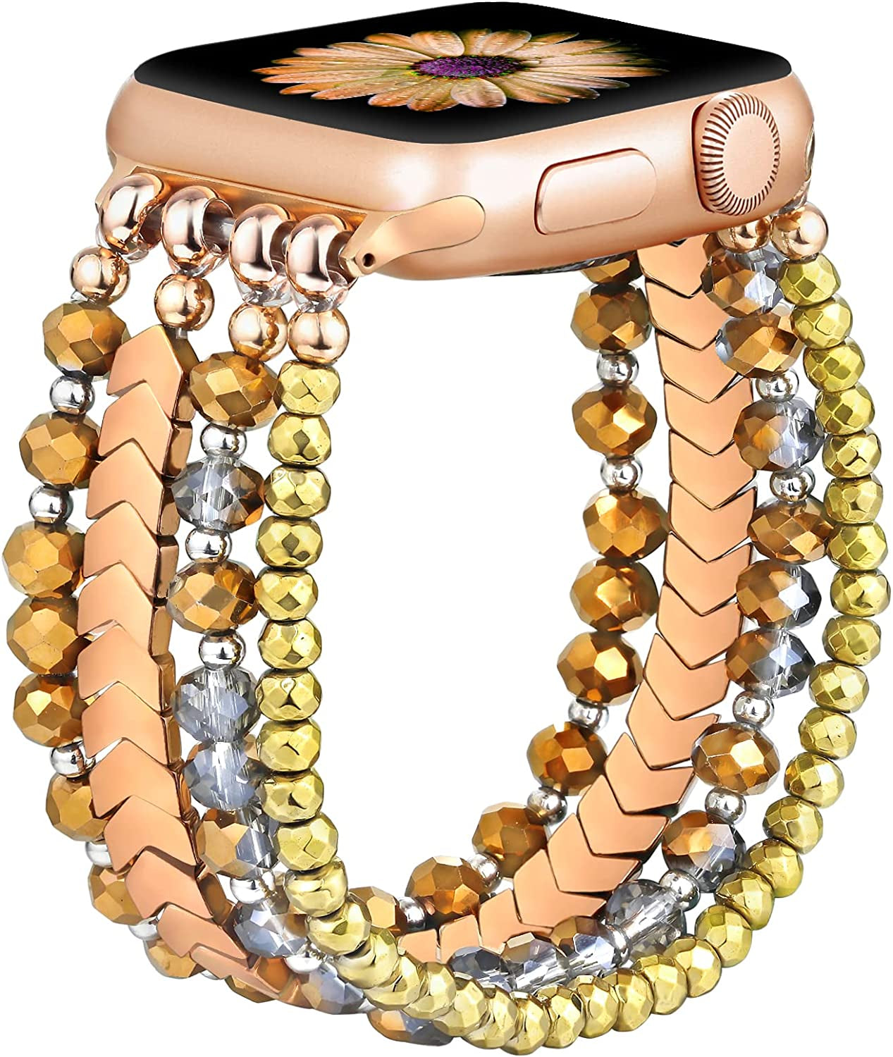 Fastgo Bracelet Band Beaded Compatible with Apple Watch 38Mm 40Mm 41Mm 42Mm 44Mm 45Mm 49Mm Women, Fashion Elastic Stretch Strap Bands for Iwatch SE &Series Ultra 8 7 6 5 4 3 2 1(Black/Sliver/Grey,S/M)  fastgo Coffee/Brown/Gold 38mm/40mm/41mm-M/L(6.1”-6.9”) 