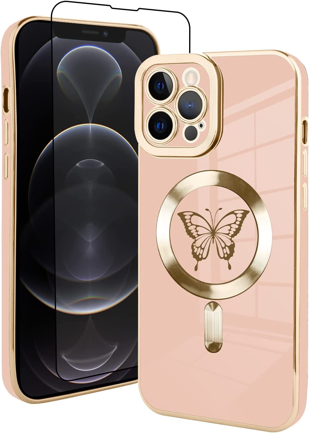 Fiyart Magnetic Case for Iphone 12 Pro Max Compatible with Magsafe Wireless Charging,Cute Love Heart Phone Case with Camera Screen Protector for Women Girls Men for Iphone 12 Pro Max 6.7"- White  Fiyart Pink Butterflies  