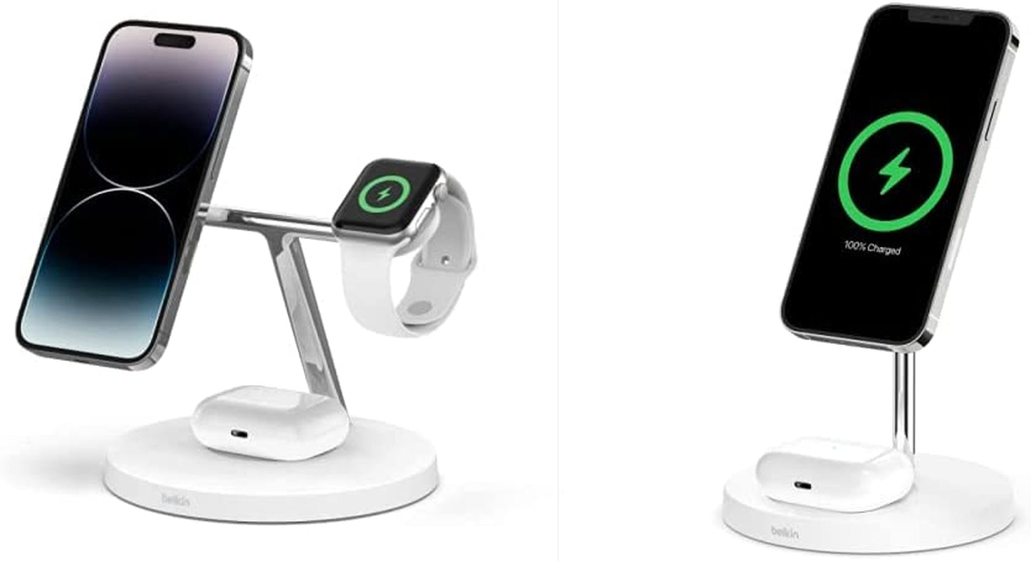 Belkin Magsafe 3-In-1 Wireless Charging Stand - 2ND GEN W/ 33% Faster Wireless Charging for Apple Watch - Iphone 14, 13 & 12 Series & Airpods - Magsafe Charging Station for Multiple Devices - Black  Belkin White 3 in 1 Stand (Old) + 2-in-1 Charging Stand 