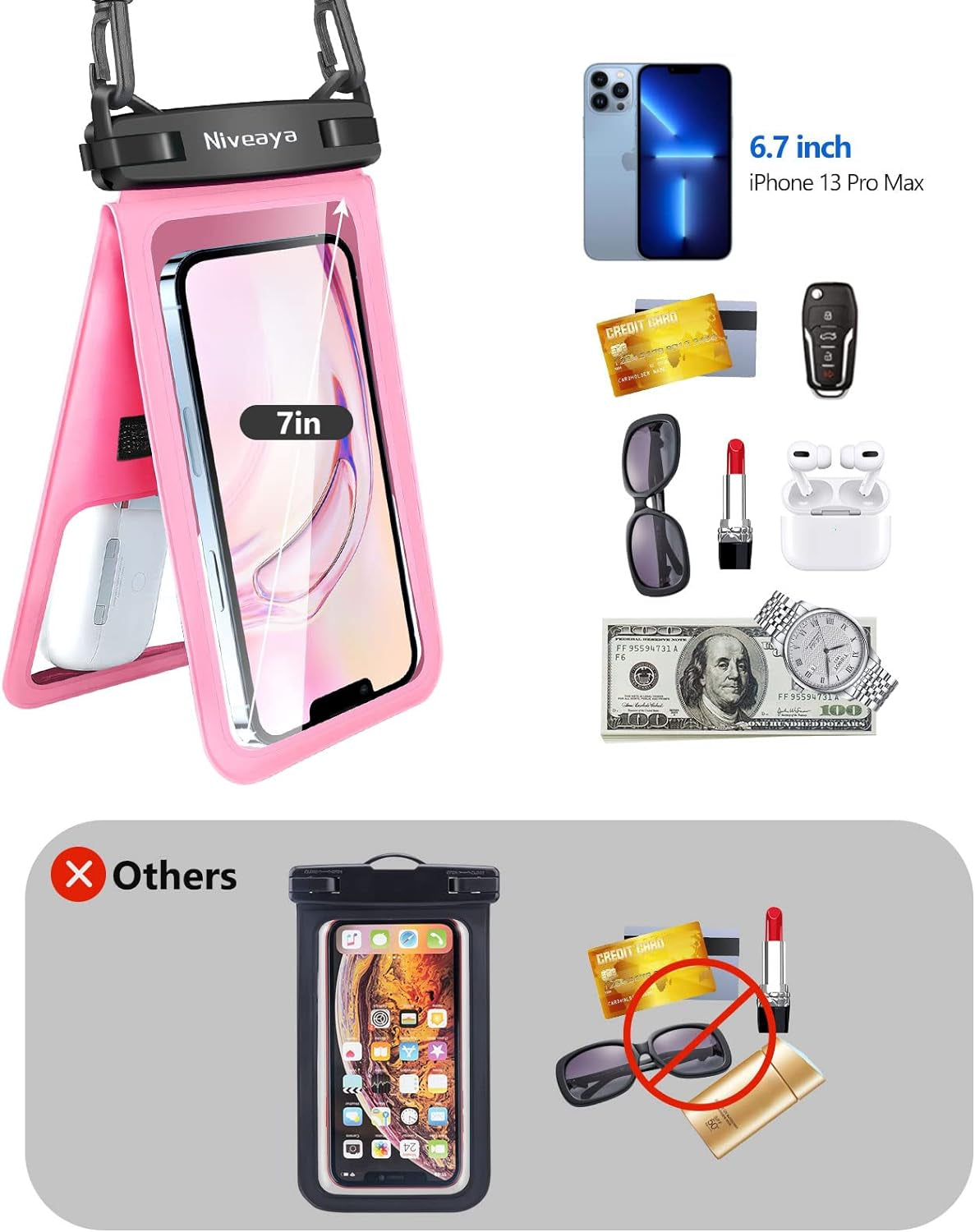 Niveaya Double Space Waterproof Phone Pouch - 2 Pack, Waterproof Phone Lanyard Case with Iphone 15/14/13/12/ Pro Max/Pro/8 Plus, Galaxy S22/S21/S20/S10/Note 20/10/9 up to 7", Dry Bag for Vacation.  Niveaya   