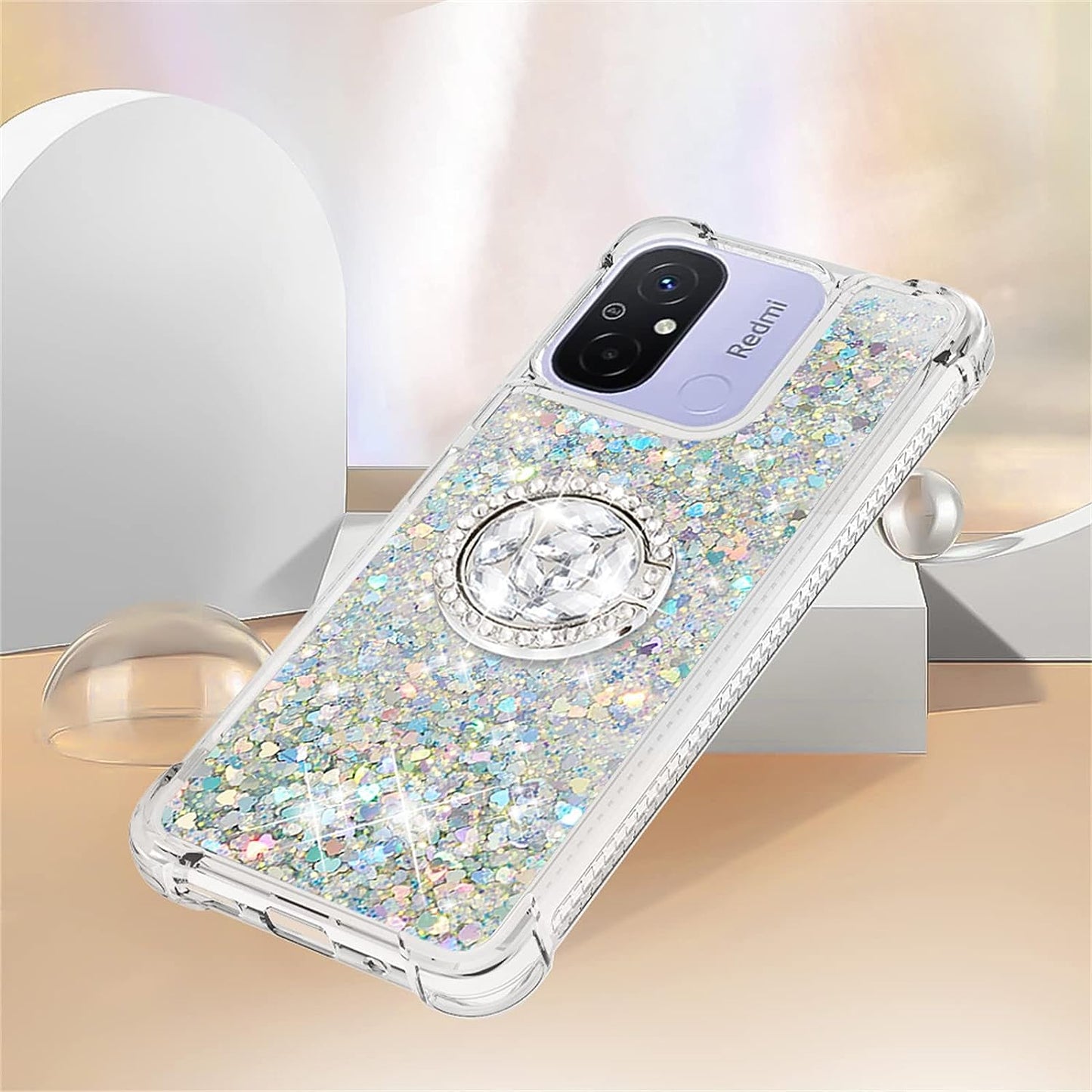 Tncavo for Xiaomi Redmi 12C Case for Woman, Moving Liquid Holographic Sparkle Glitter Cases with Diamond Ring Soft Clear TPU Luxury Girly Cute Phone Cover for Xiaomi Redmi 12C LSZ Silver  Tncavo   
