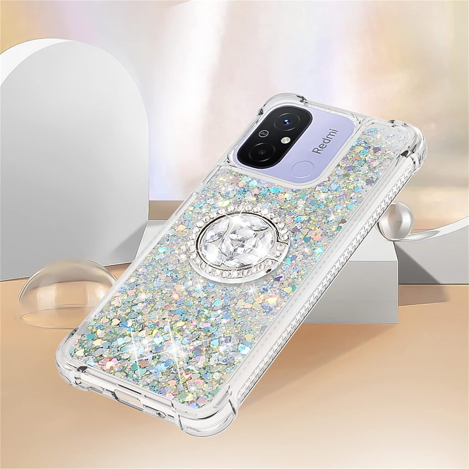 Tncavo for Xiaomi Redmi 12C Case for Woman, Moving Liquid Holographic Sparkle Glitter Cases with Diamond Ring Soft Clear TPU Luxury Girly Cute Phone Cover for Xiaomi Redmi 12C LSZ Silver  Tncavo   