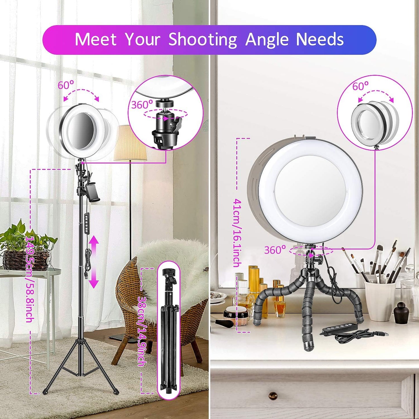 RGB Ring Light,Selfie Ring Light with Tripod Stand/Phone Holder/Hd Mirror, Dimmable LED Ring Light with USB for Make-Up,Youtube Video,Photography,Tiktok,Compatible with Iphone Android  GLANDU   