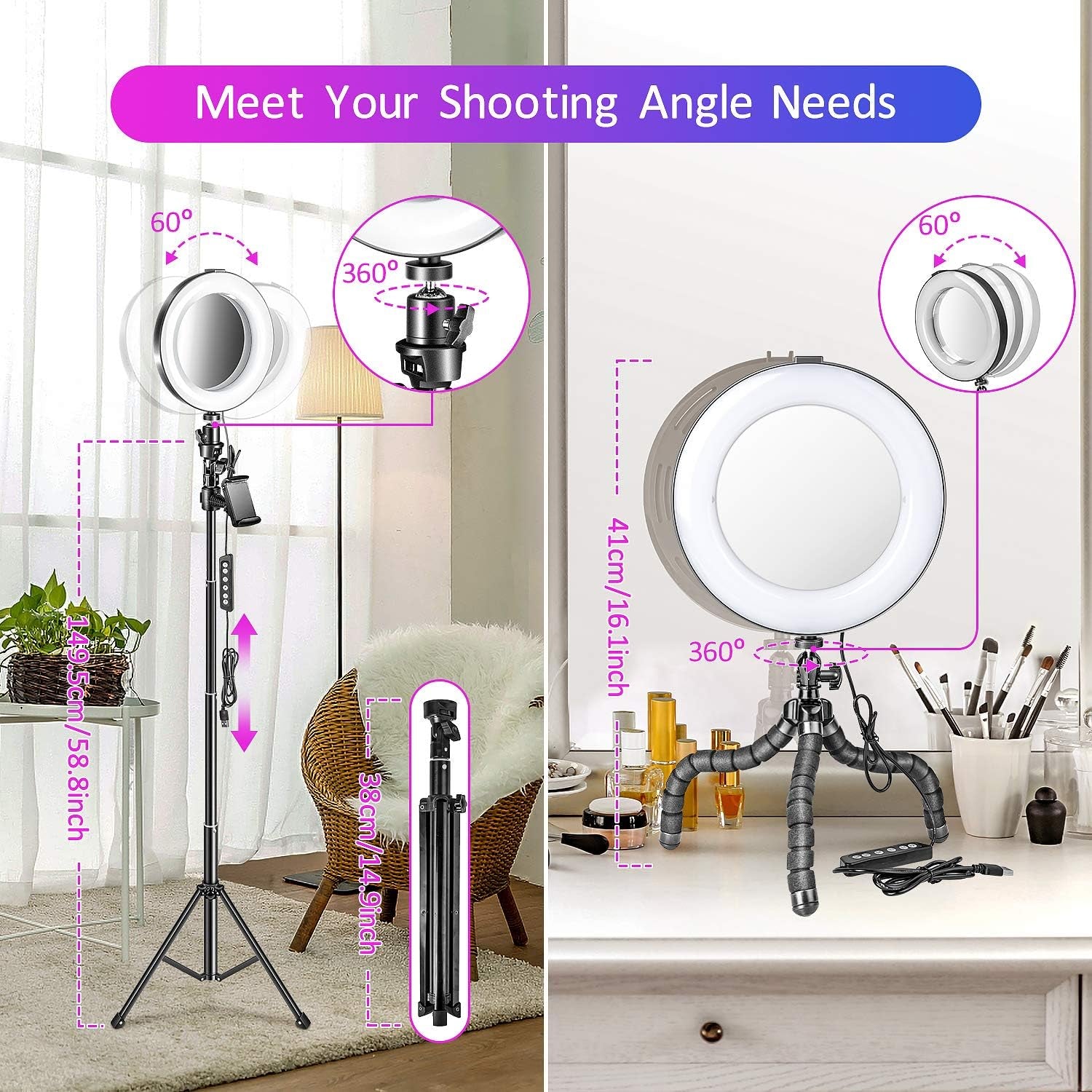 RGB Ring Light,Selfie Ring Light with Tripod Stand/Phone Holder/Hd Mirror, Dimmable LED Ring Light with USB for Make-Up,Youtube Video,Photography,Tiktok,Compatible with Iphone Android  GLANDU   
