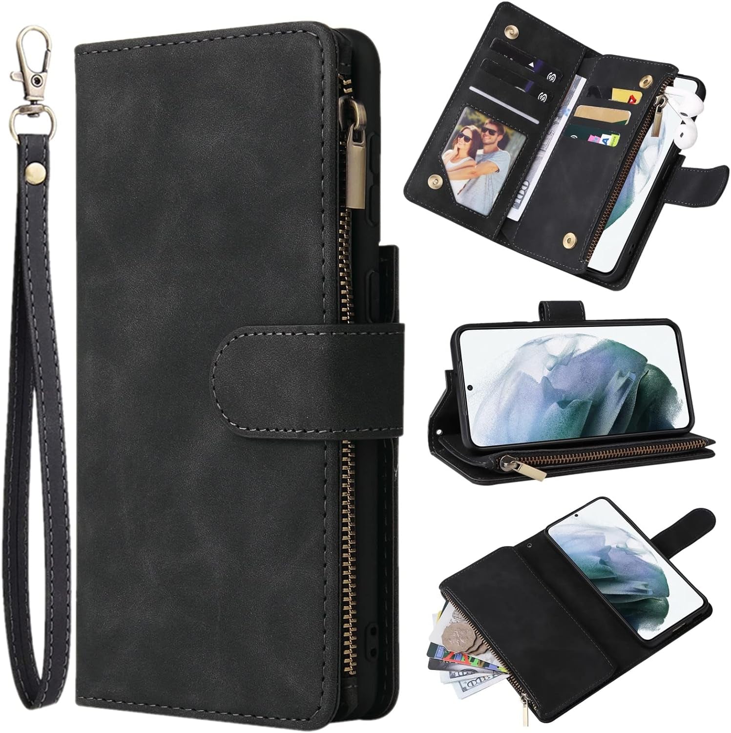 ZZXX Samsung Galaxy S22+ plus Case Wallet with Card Slot Premium Soft PU Leather Zipper Flip Folio with Wrist Strap Kickstand Protective for Samsung S22+ plus Wallet Case(Wine Red-6.6 Inch)  ZZXX Black Samsung Galaxy S22+ Plus 