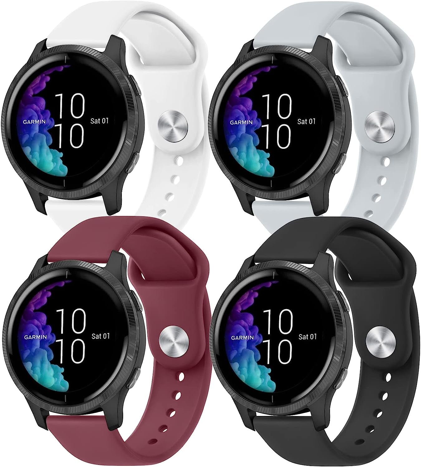 4 PACK Bands for Garmin Venu / Venu Sq / Vivoactive 3 Watch Band, 20Mm Adjustable Soft Silicone Sport Replacement Wristband Strap for Garmin Venu Sq, Vivoactive 3 Music, Forerunner 645 / 245 Music, Samsung Galaxy Watch 4  Wanme Black+WineRed+White+Gray  