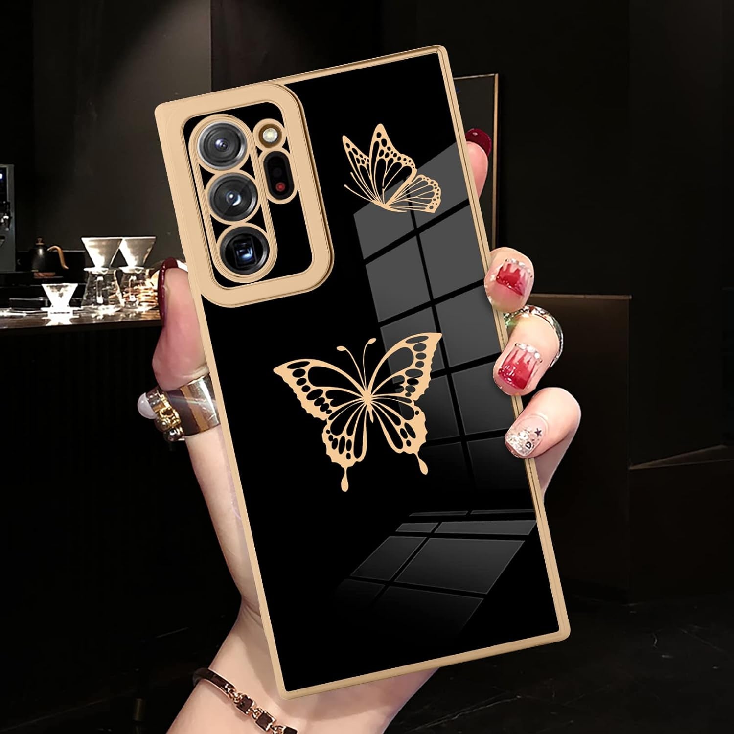 Jefonha for Samsung Galaxy Note 20 Ultra 6.9 Inch Plating Cute Butterflies Cover with Screen Protector Cute Side Pattern Soft TPU Shockproof Full Camera Lens Protection Electroplated Case - Black  Jefonha   