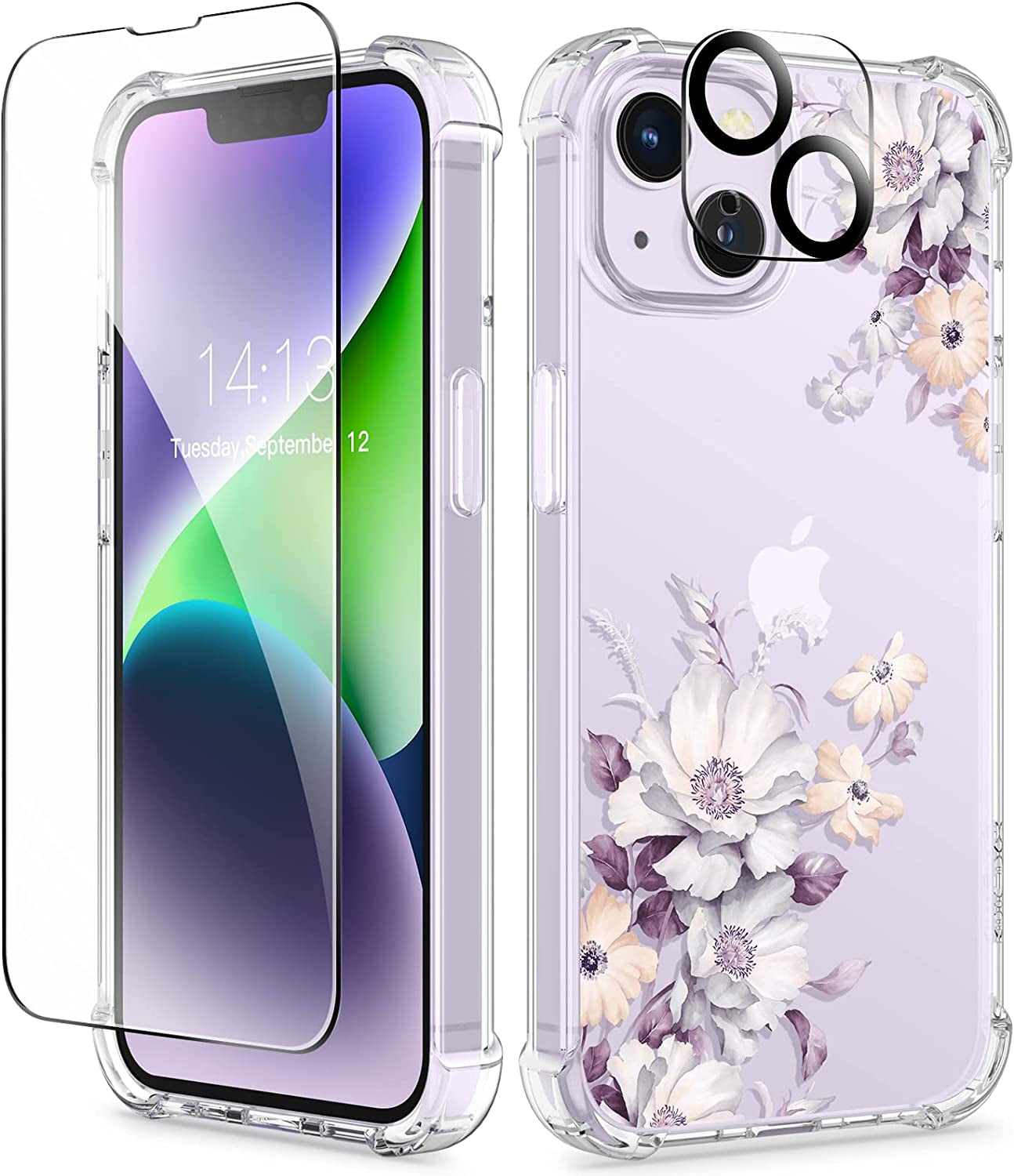 GVIEWIN Compatible with Iphone 14 Case with Screen Protector+Camera Lens Protector, Soft Shockproof Clear Floral Phone Protective Cover for Women, Flower Pattern Design 6.1" (Alyssum/Blue)  GVIEWIN Aster/Purple  