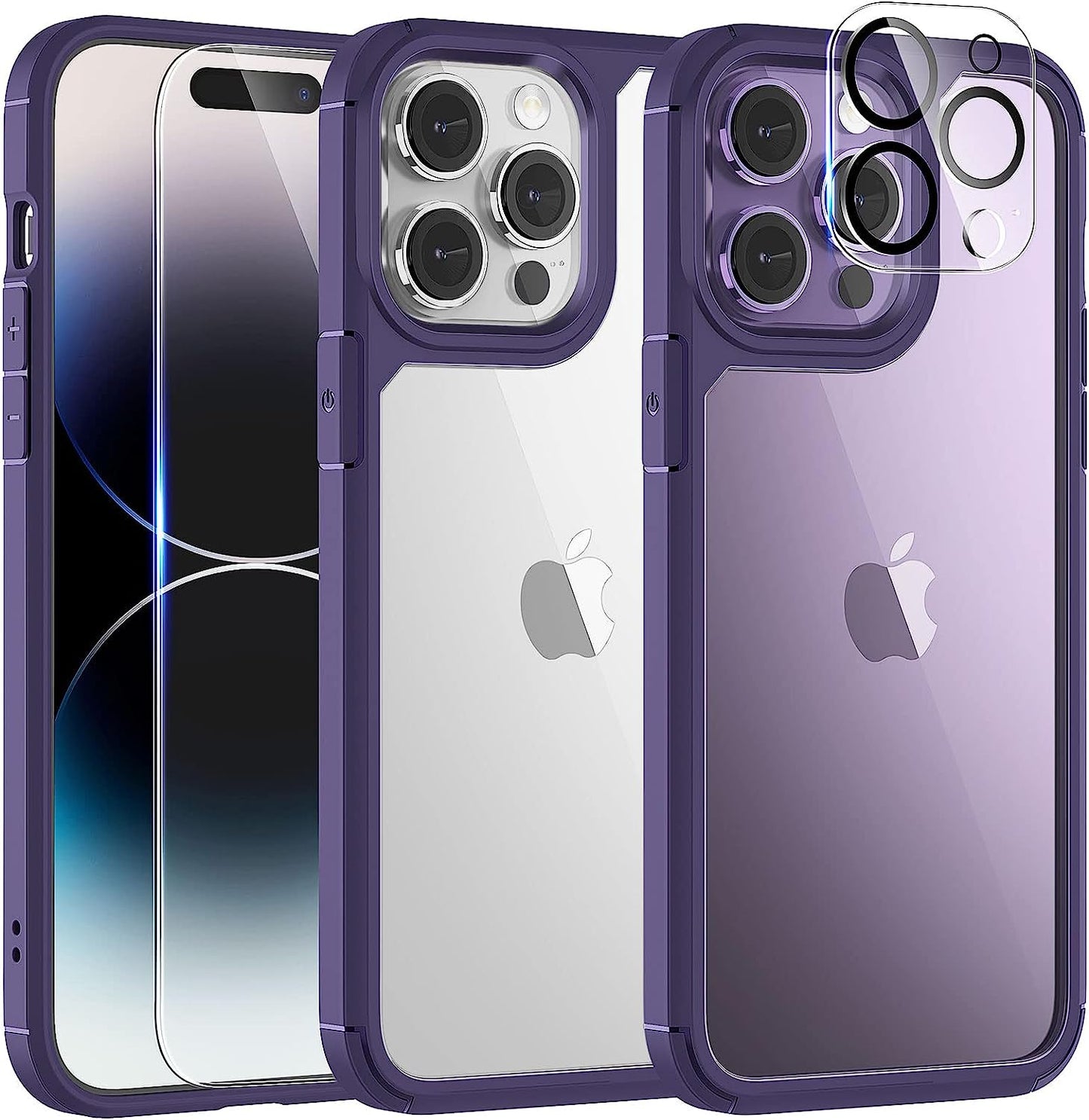 TAURI 5-In-1 for Iphone 14 Pro Case Clear, [Not Yellowing] with 2X Screen Protectors + 2X Camera Lens Protectors, [Military Grade Drop Protection] Shockproof Slim Phone Case for Iphone 14 Pro  TAURI Deep Purple  