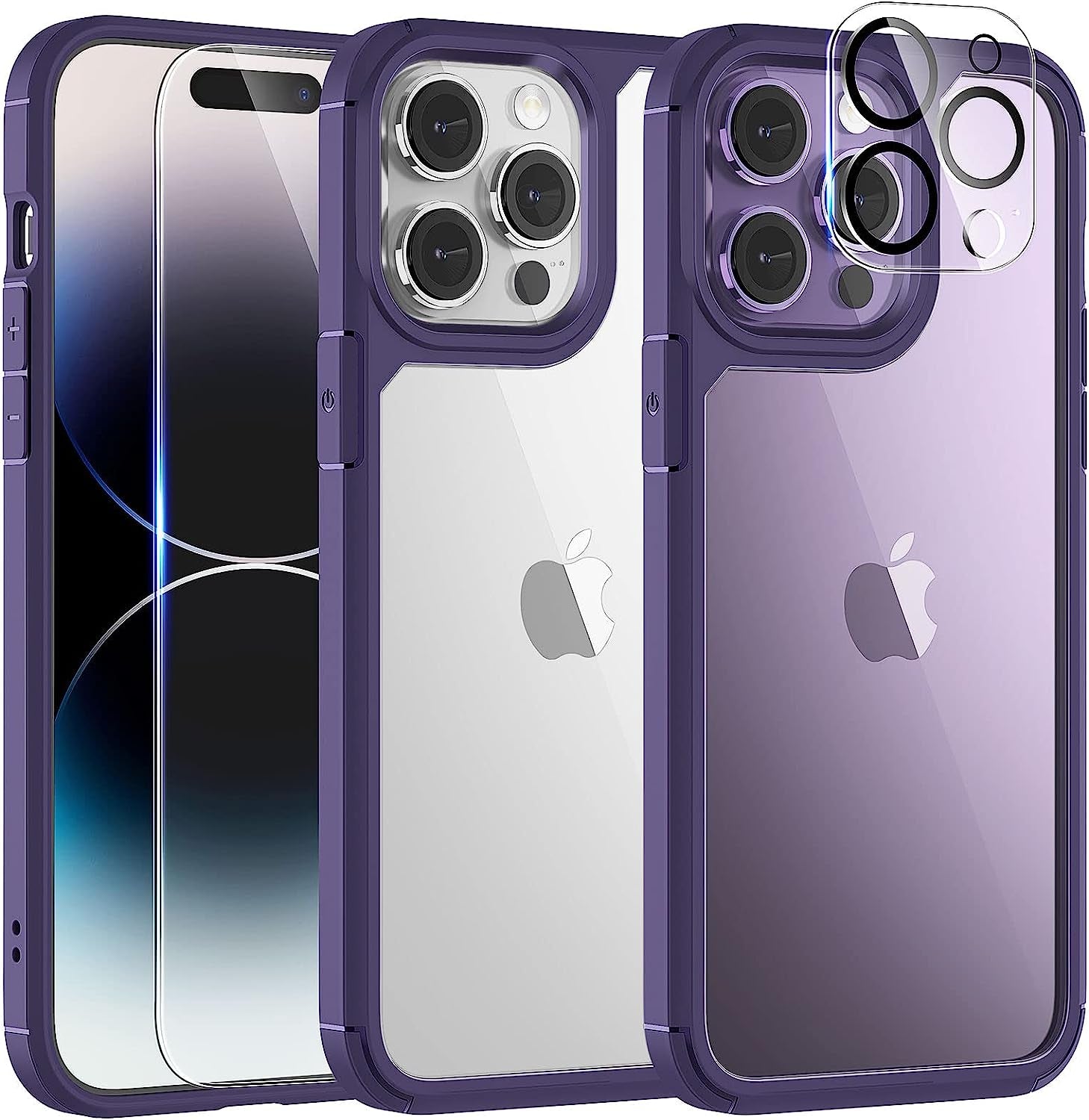 TAURI 5-In-1 for Iphone 14 Pro Case Clear, [Not Yellowing] with 2X Screen Protectors + 2X Camera Lens Protectors, [Military Grade Drop Protection] Shockproof Slim Phone Case for Iphone 14 Pro  TAURI Deep Purple  