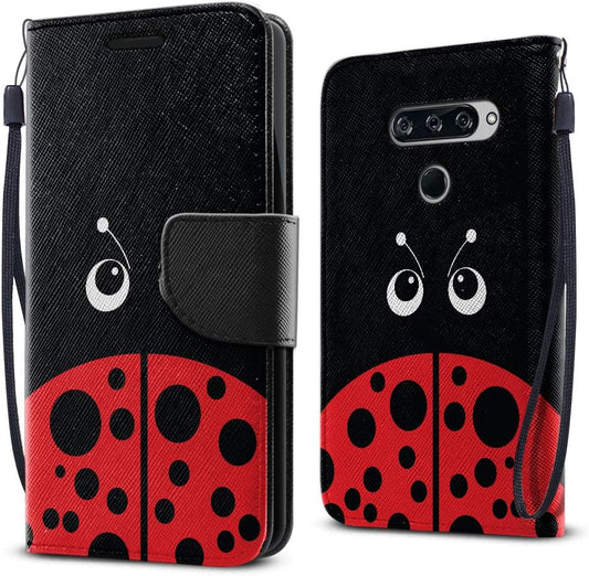 FINCIBO Case Compatible with LG V40 Thinq 6.4 Inch, Fashionable Flap Wallet Pouch Cover Case + Card Holder Kickstand for LG V40 Thinq - Red Ladybug  FINCIBO   