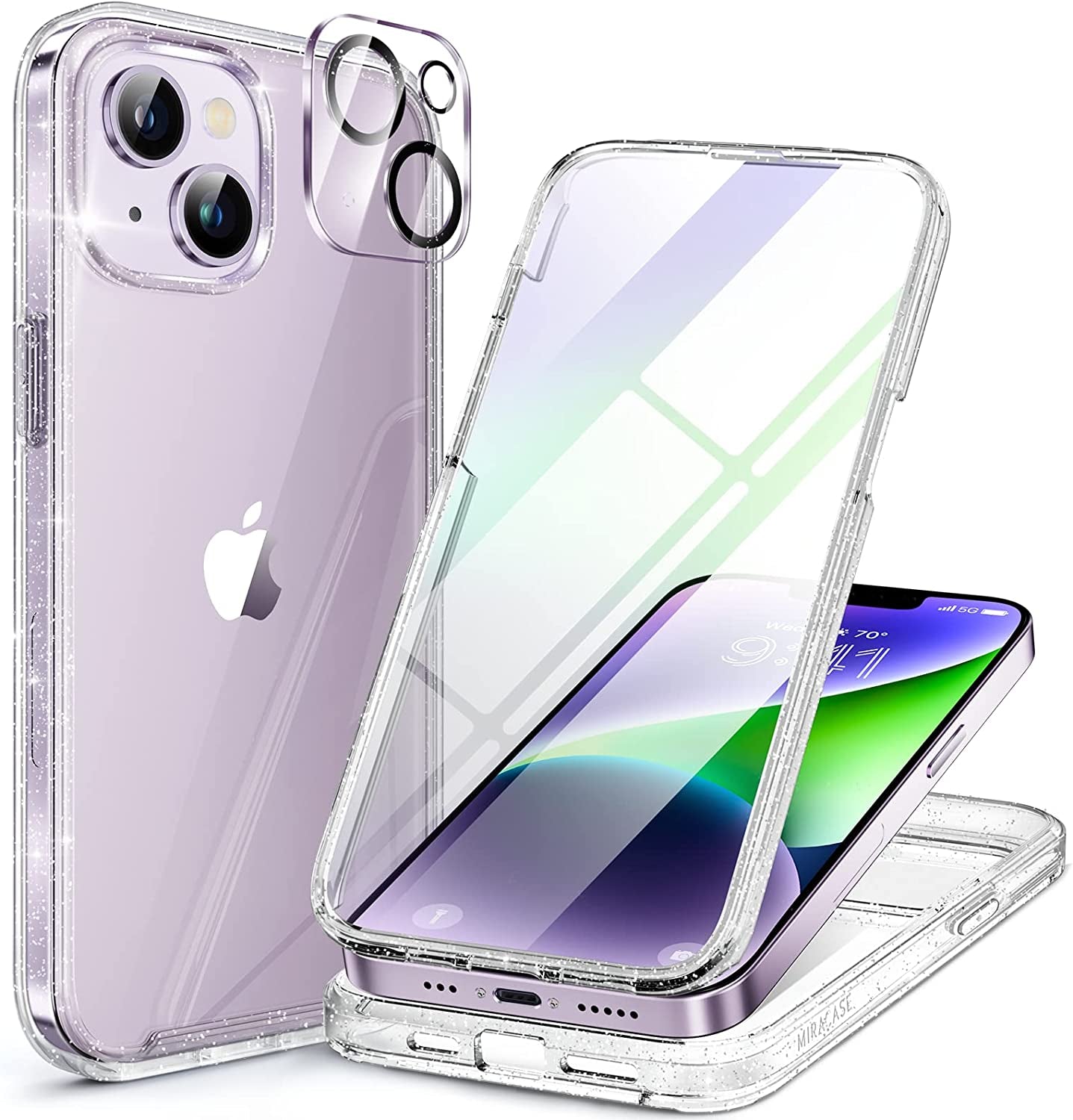 Miracase Glass Series Designed for Iphone 14 Case 6.1 Inch, 2023 Upgrade Full-Body Clear Bumper Case with Built-In 9H Tempered Glass Screen Protector and 2 Pcs Camera Lens Protector,Clear Glitter  Miracase AE-Clear Glitter  