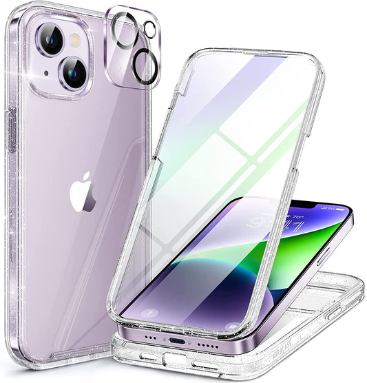 Miracase Glass Series Designed for Iphone 14 Case 6.1 Inch, 2023 Upgrade Full-Body Clear Bumper Case with Built-In 9H Tempered Glass Screen Protector and 2 Pcs Camera Lens Protector,Clear Glitter  Miracase AE-Clear Glitter  