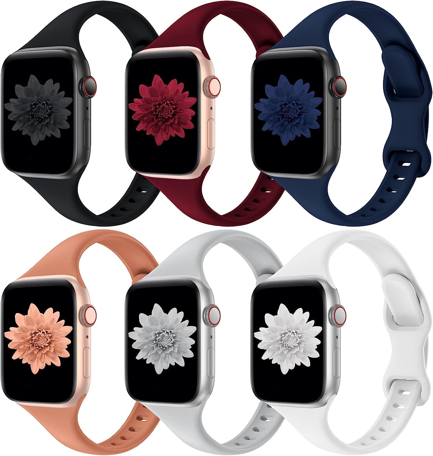 Distore 6 Pack Bands Compatible with Apple Watch 38Mm 40Mm 41Mm 42Mm 44Mm 45Mm 49Mm, Slim Thin Narrow Replacement Soft Silicone Sport Strap for Iwatch Series Ultra 8/7/6/5/4/3/2/1 SE Women Men  Distore Black/Wine Red/Navy Blue/Brown/Gray/White 38/40/41mm 