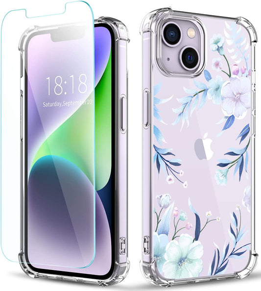 YOYORI Compatible with Iphone 14 Case with Screen Protector, Flower Pattern Design, Floral Clear Women Phone Case Shockproof Protective Soft TPU Bumper Cover 6.1 Inch 2022(Hibiscus)  YOYORI Hibiscus  